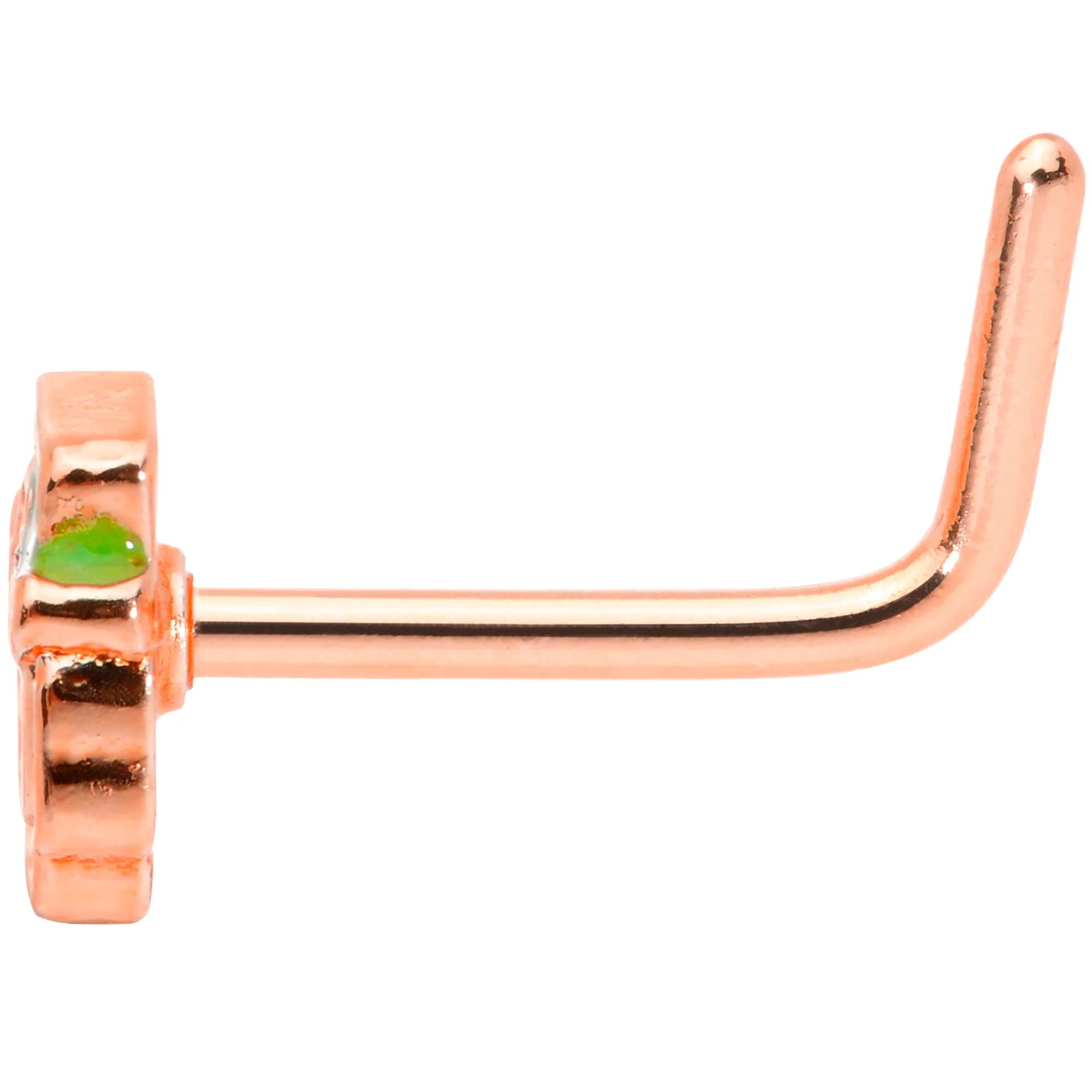 20G 5/16 Green Rose Gold Tone Lucky Leprechaun L Shaped Nose Ring - Image 3