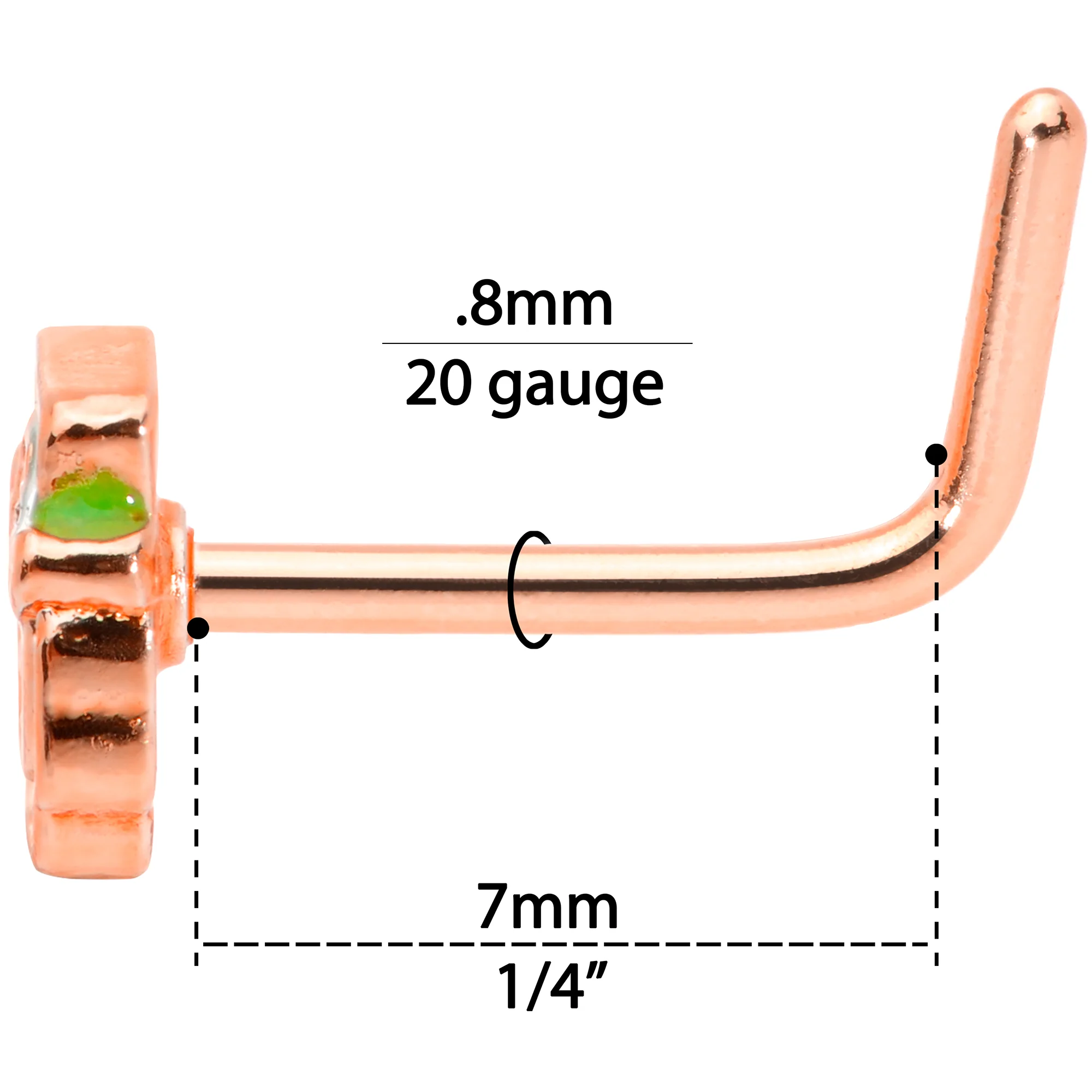 20G 5/16 Green Rose Gold Tone Lucky Leprechaun L Shaped Nose Ring - Image 6