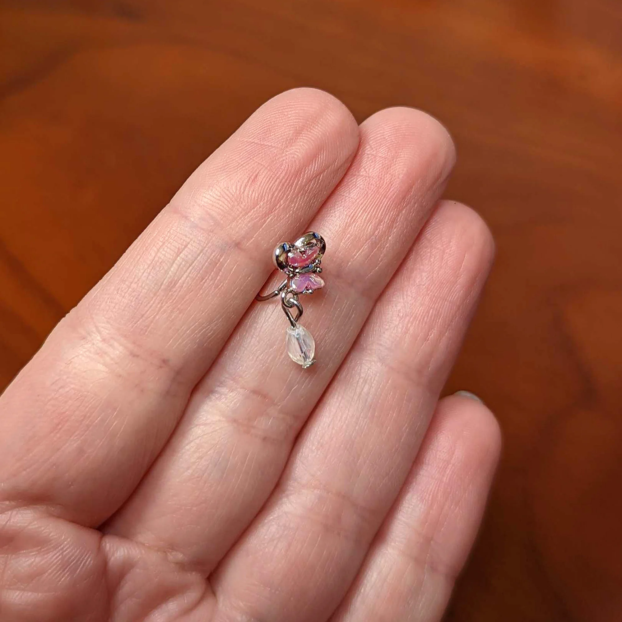 20G 5/16 Heart Pink Butterfly Clear Dangle Nose Hoop - Image 5