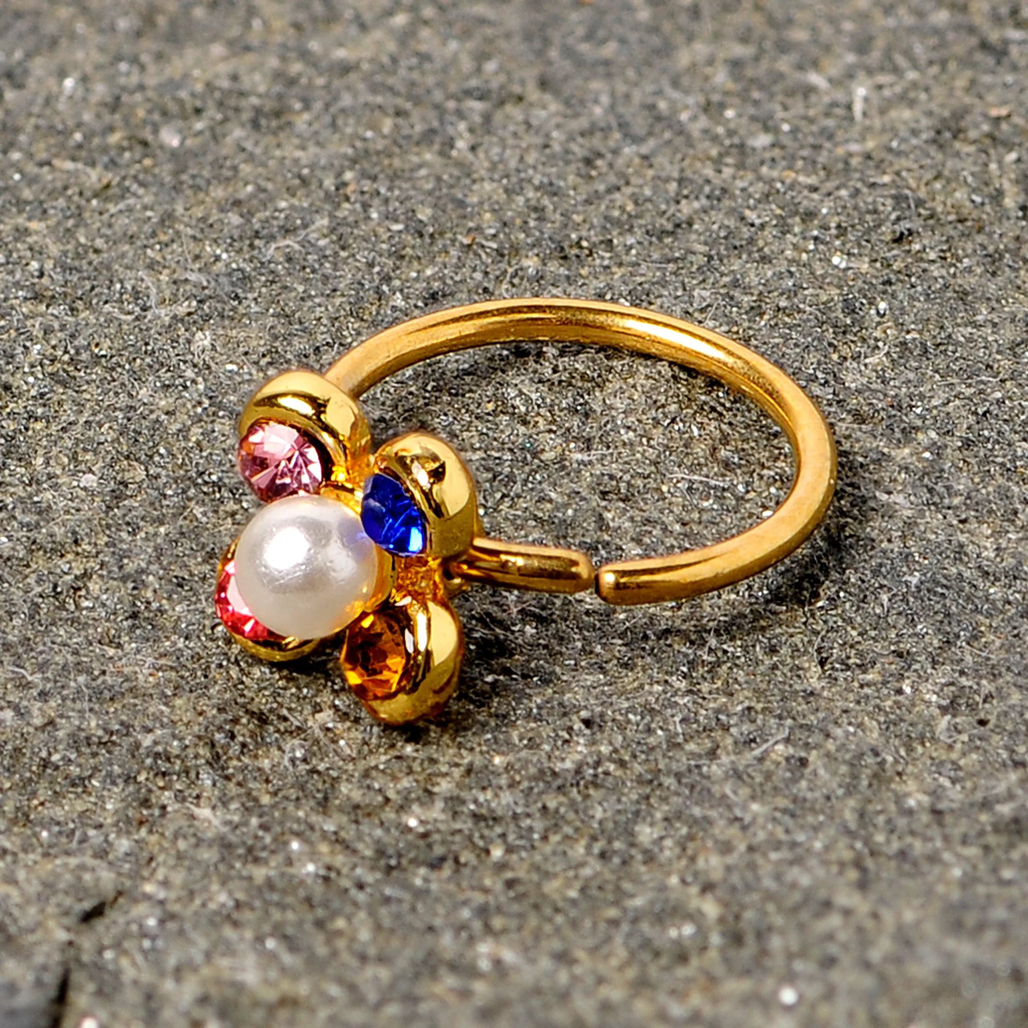 20G 5/16 Pink Blue Gem Gold Tone Flower Nose Hoop - Image 2