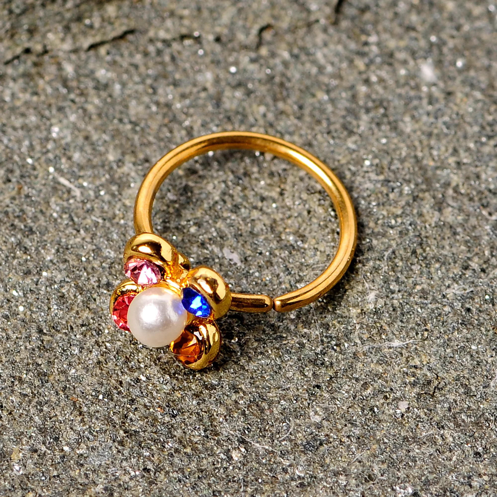 20G 5/16 Pink Blue Gem Gold Tone Flower Nose Hoop - Image 3