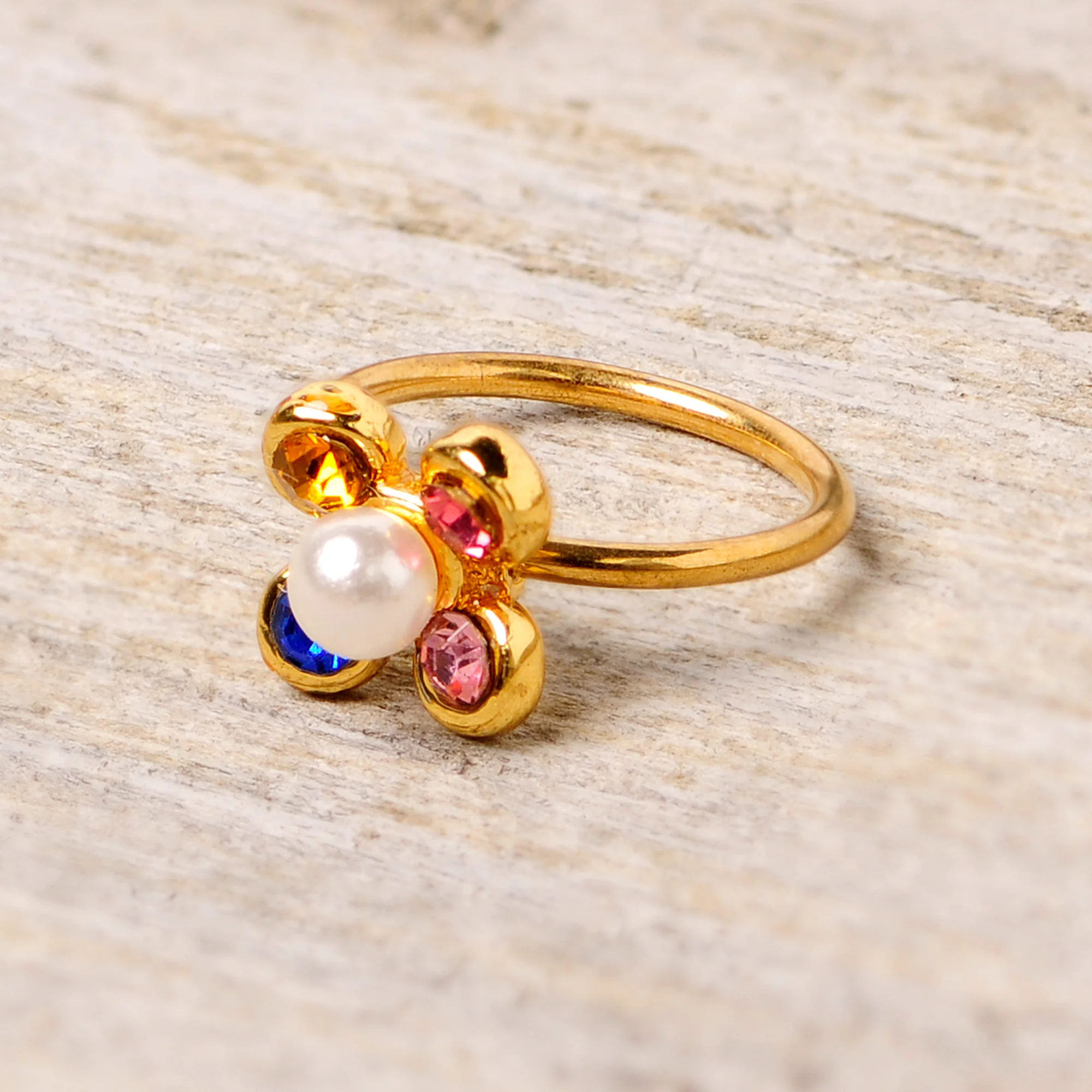 20G 5/16 Pink Blue Gem Gold Tone Flower Nose Hoop - Image 4