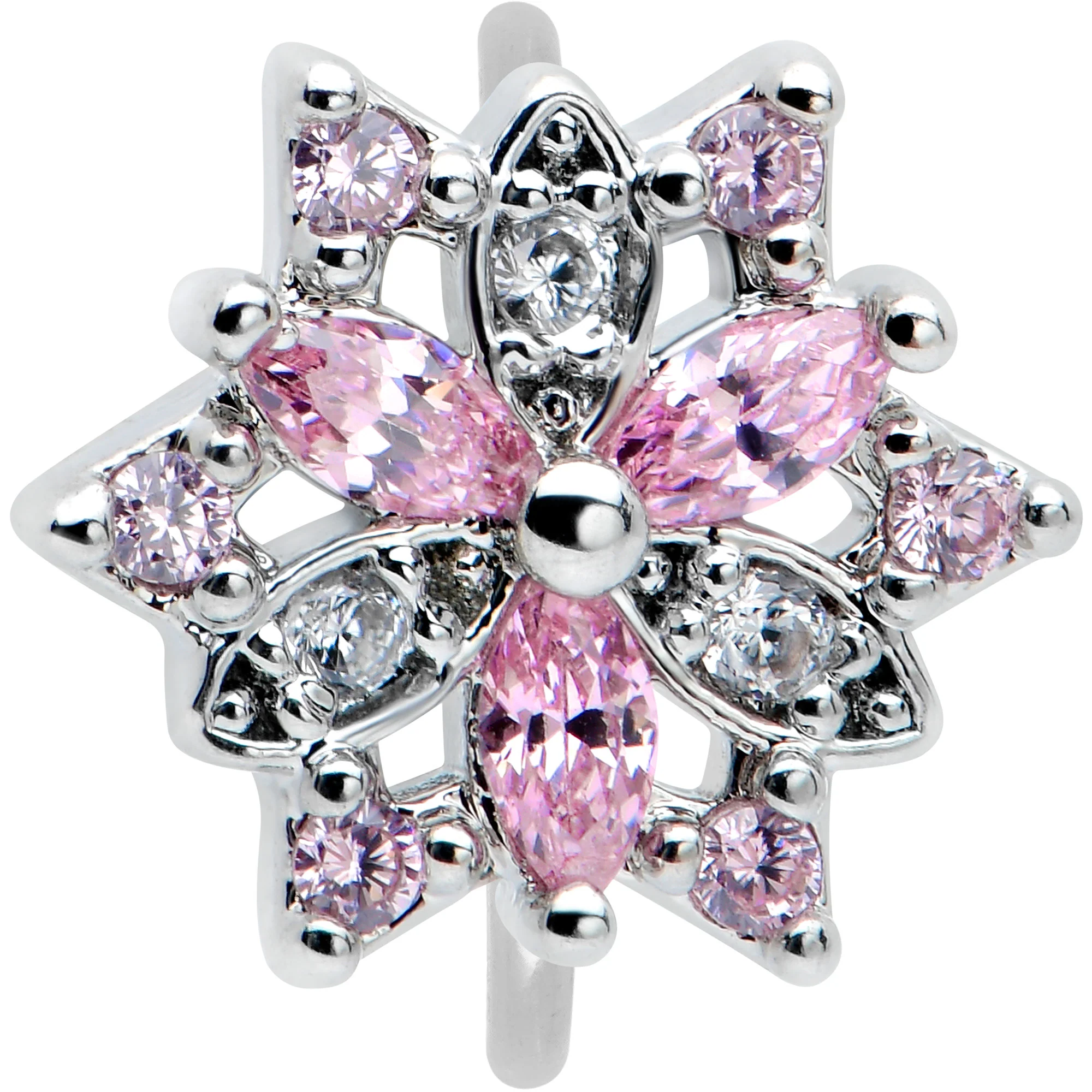 20G 5/16 Pink Clear CZ Gem Snowflake Nose Hoop - Image 2