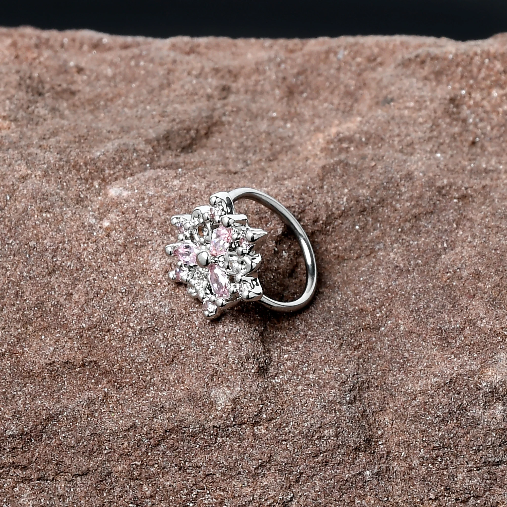 20G 5/16 Pink Clear CZ Gem Snowflake Nose Hoop - Image 4