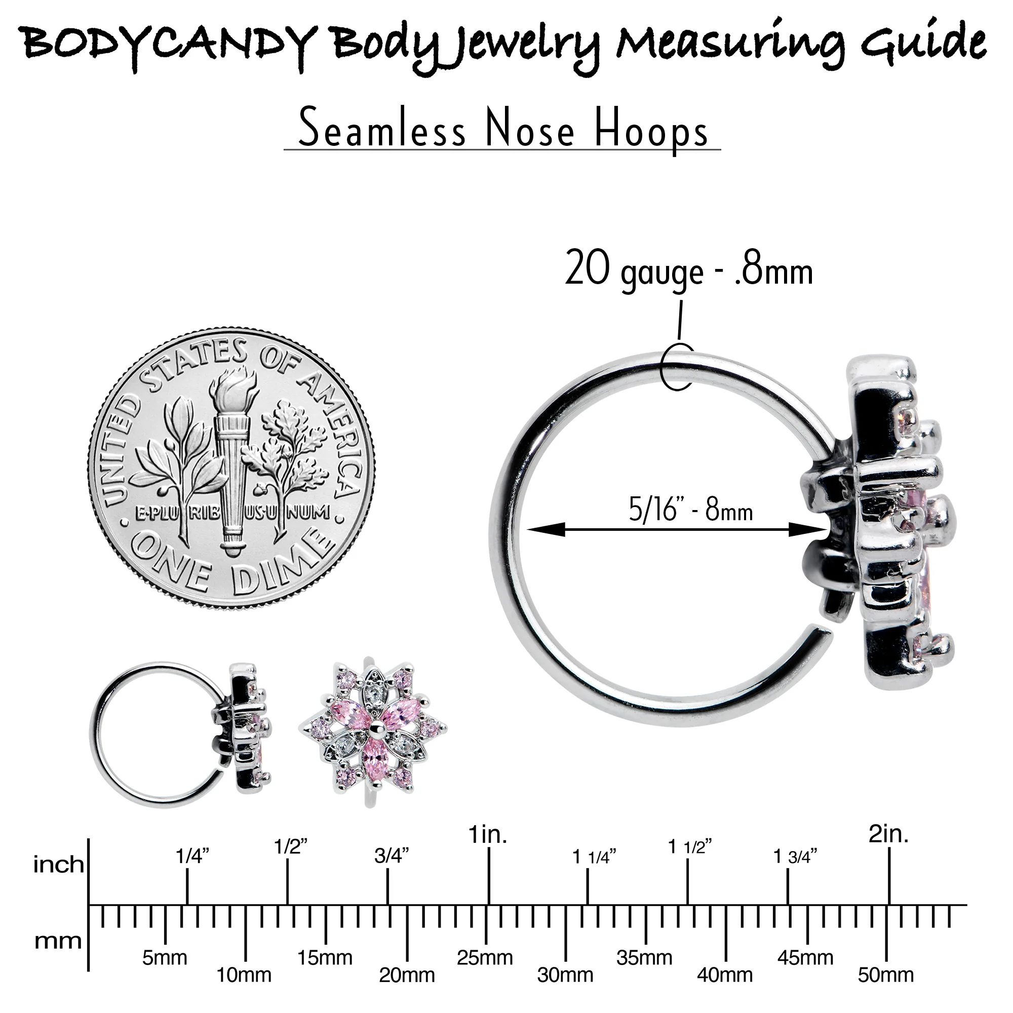 20G 5/16 Pink Clear CZ Gem Snowflake Nose Hoop - Image 6