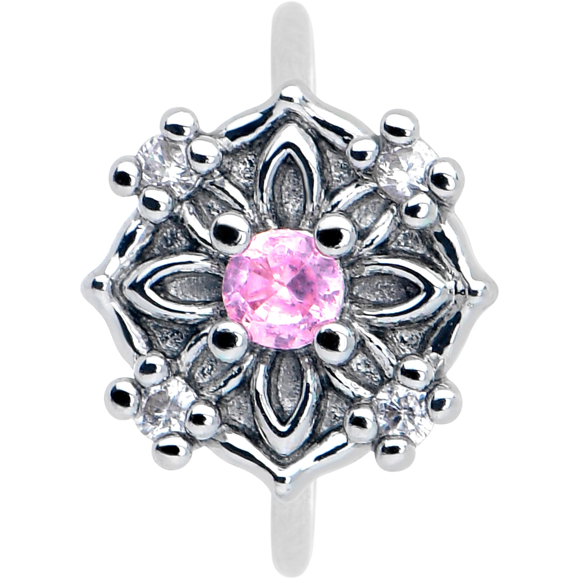 20G 5/16 Pink CZ Gem Flower Circle Nose Hoop - Image 3