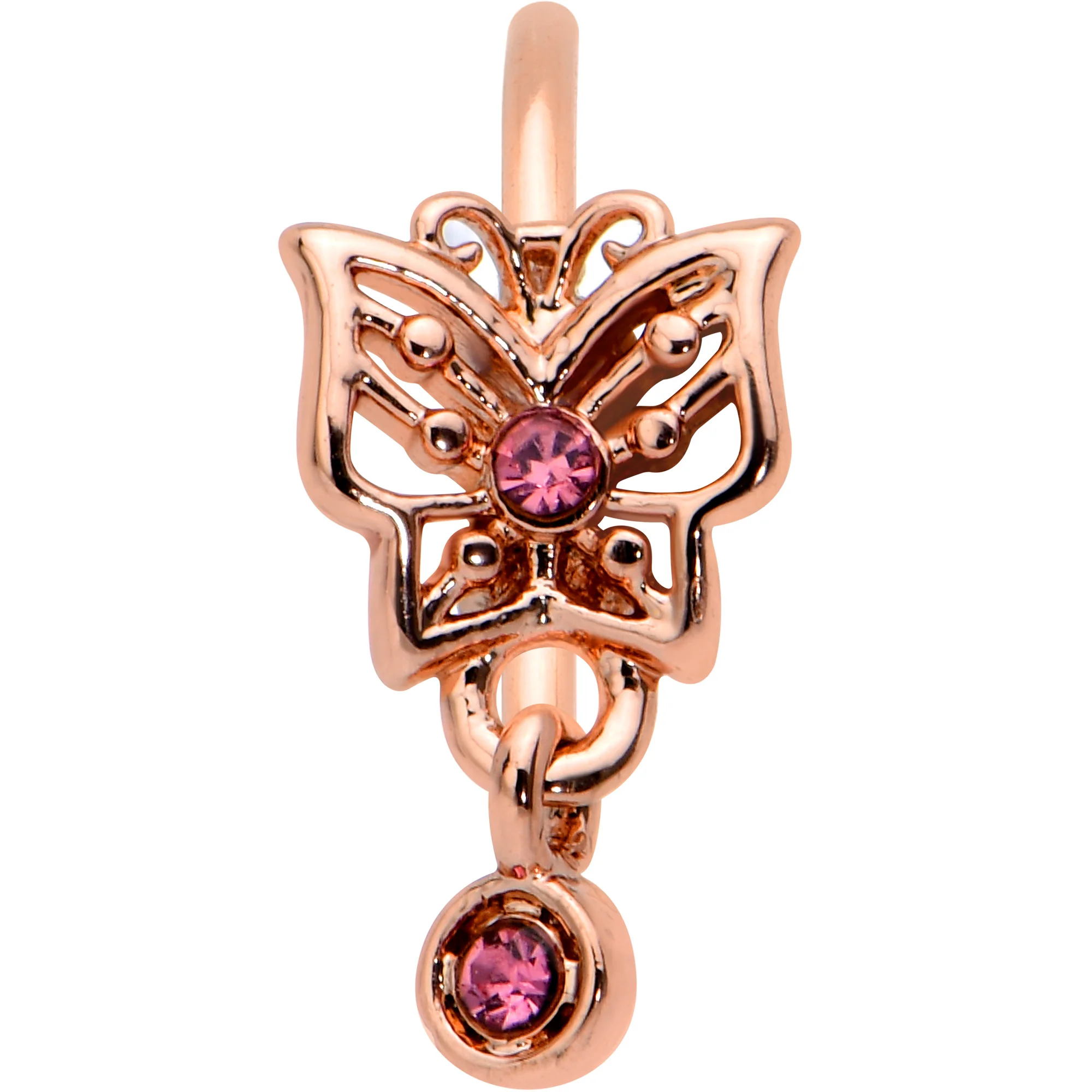 20G 5/16 Pink CZ Gem Rose Gold Tone Geometric Butterfly Nose Hoop - Image 2