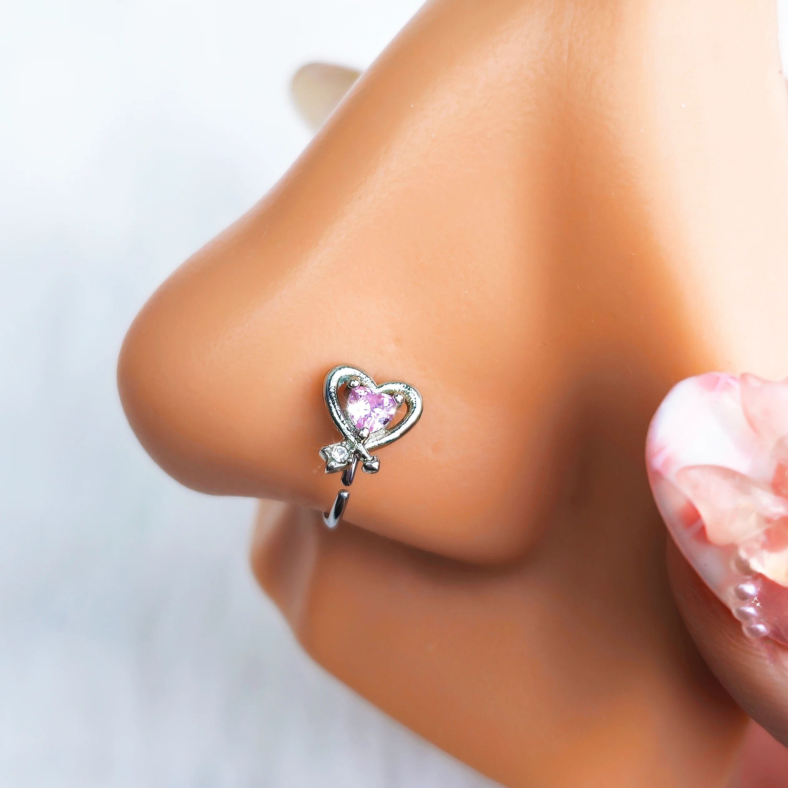 20G 5/16 Pink CZ Gem Wrapped In Heart Nose Hoop - Image 2