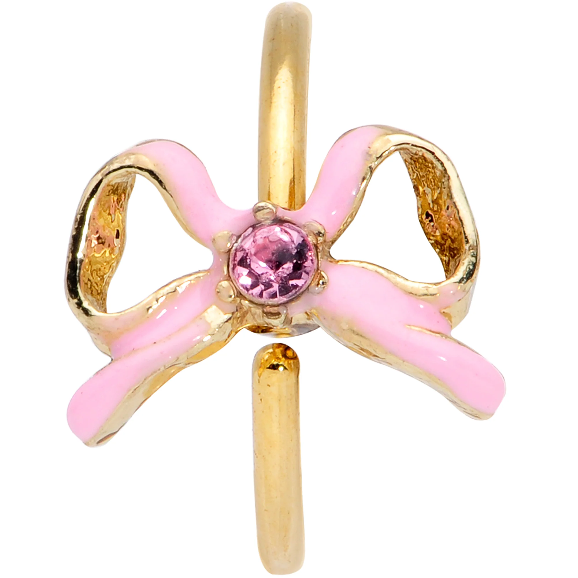 20G 5/16 Pink Gem Gold Tone Pink Bow Nose Hoop - Image 2