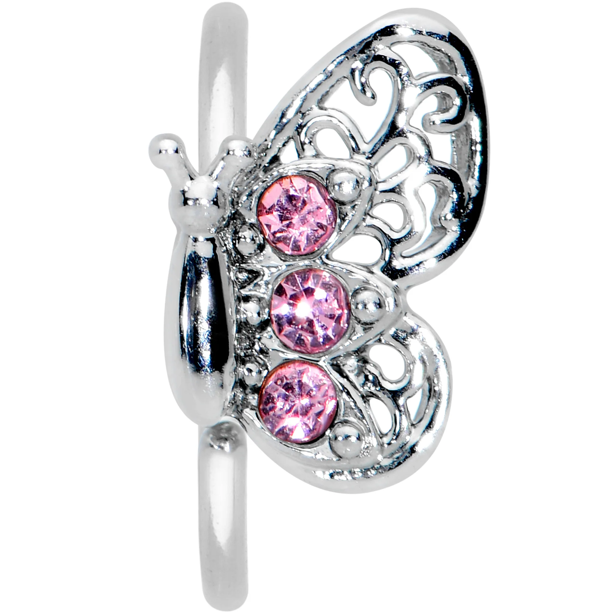 20G 5/16 Pink Gem Lacy Butterfly Nose Hoop - Image 2