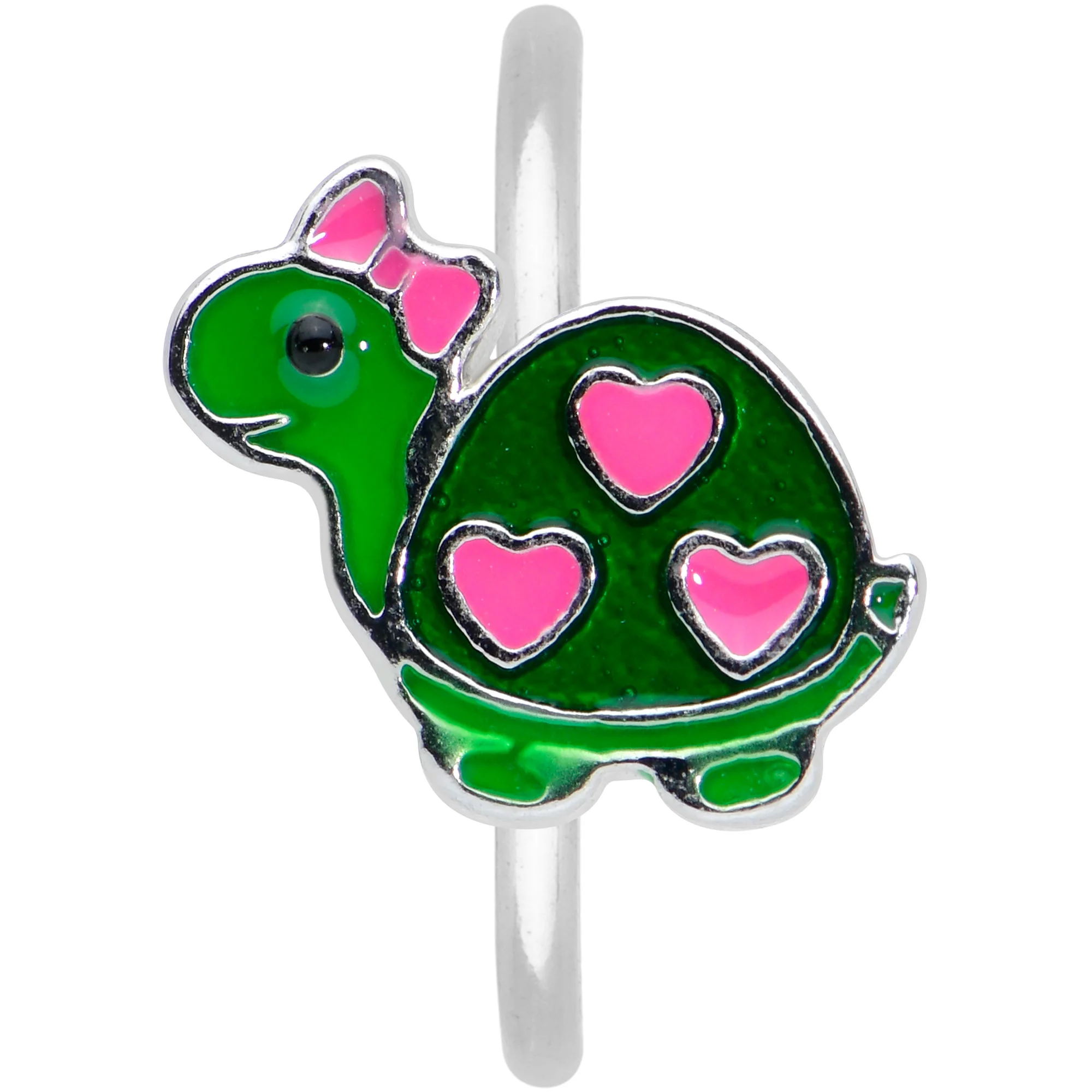 20G 5/16 Pink Hearts Bow Green Turtle Nose Hoop - Image 2