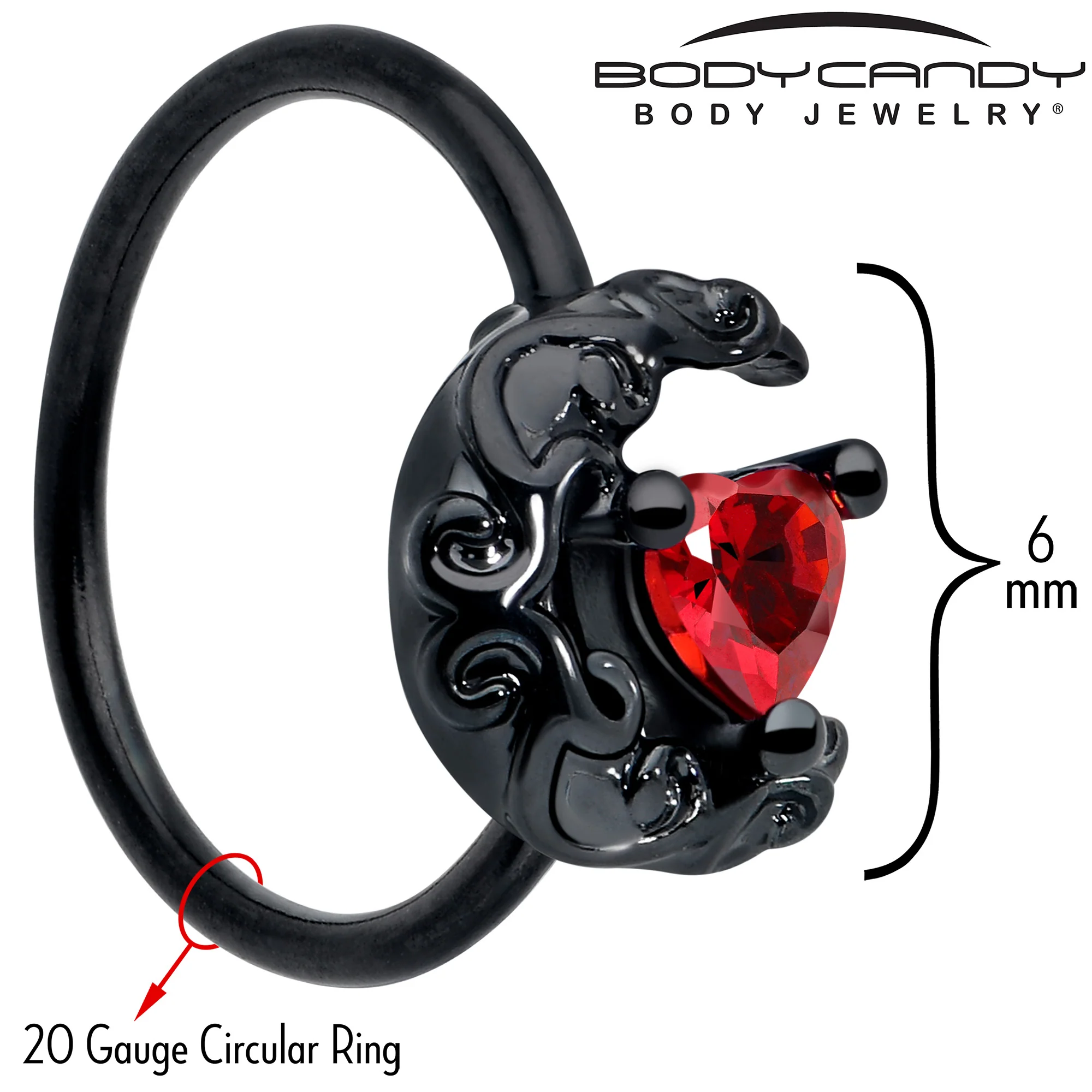 20G 5/16 Red Gem Black Scroll Moon Heart Nose Hoop - Image 2