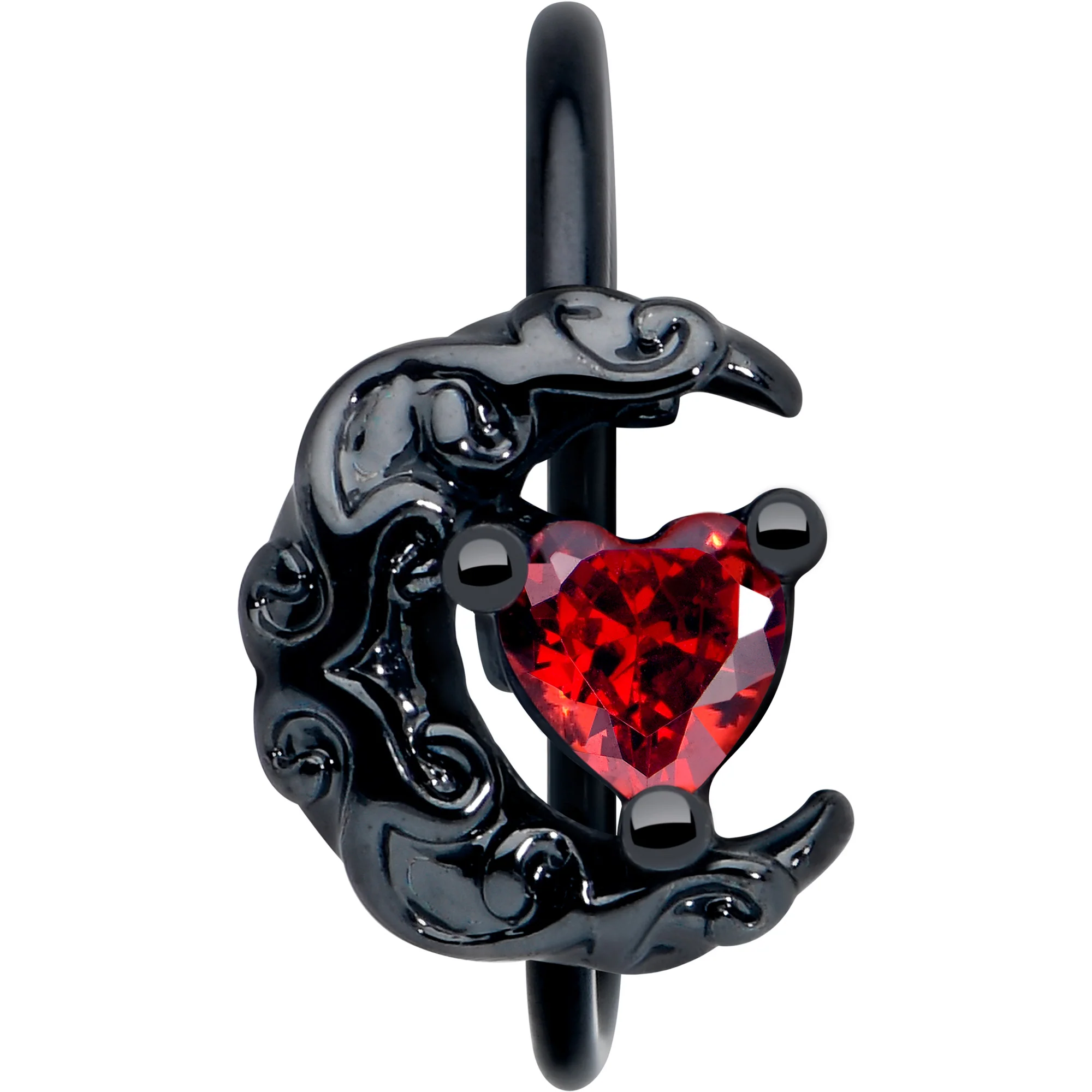 20G 5/16 Red Gem Black Scroll Moon Heart Nose Hoop - Image 3