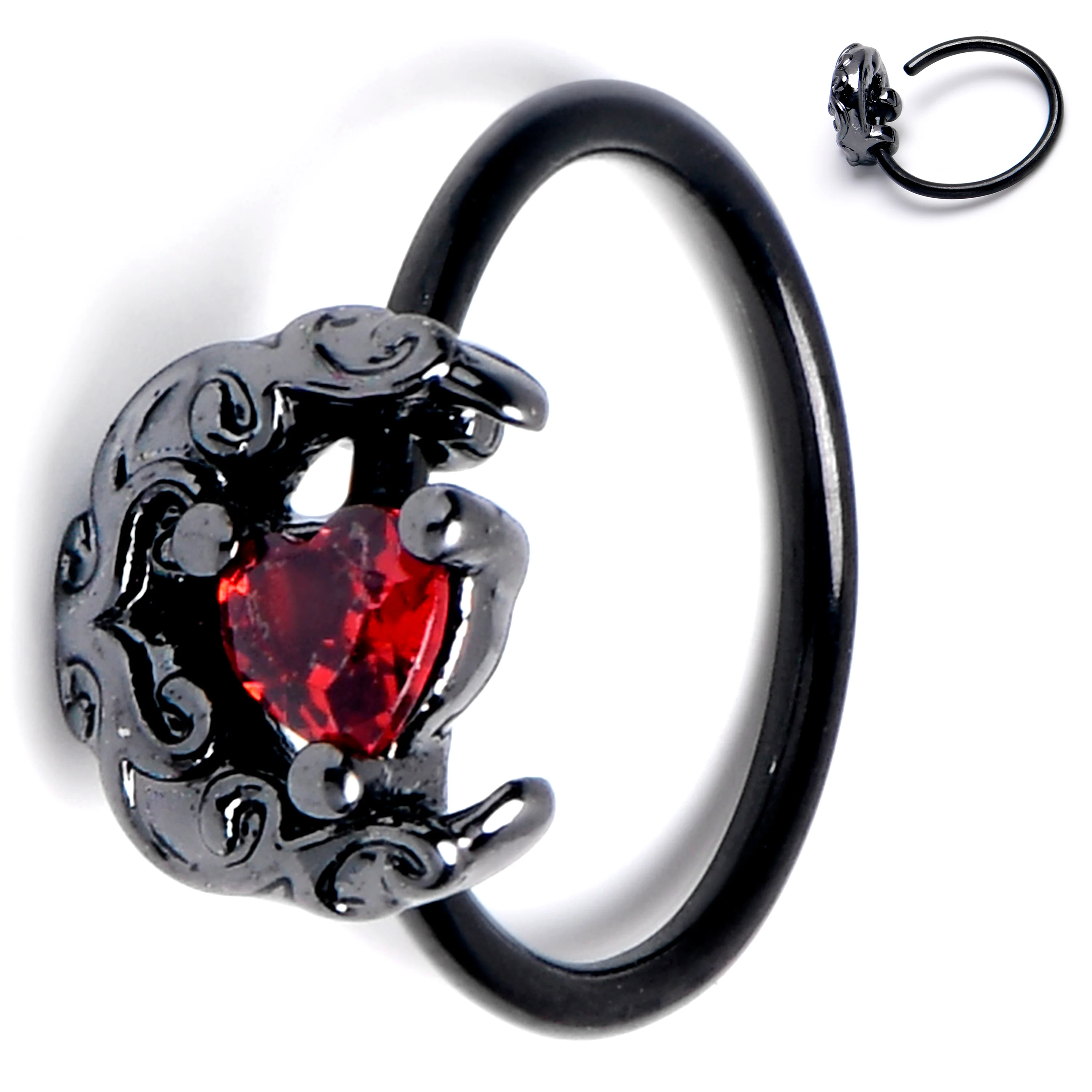 20G 5/16 Red Gem Black Scroll Moon Heart Nose Hoop - Image 6