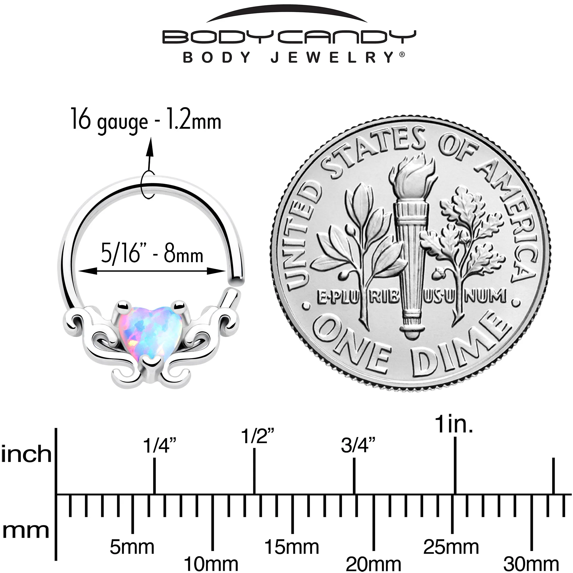 16G 5/16 White Synthetic Opal Bold Heart Seamless Circular Ring - Image 5