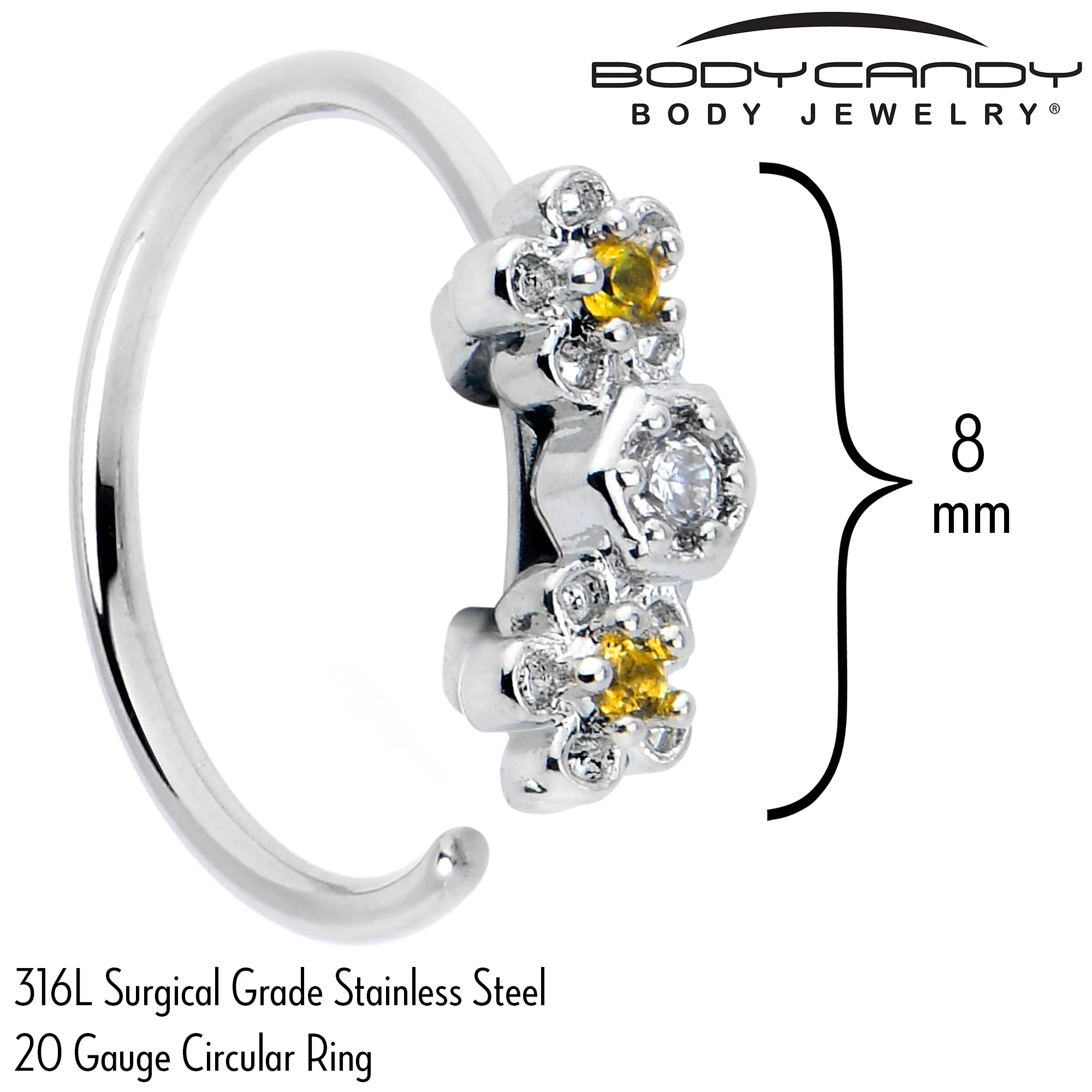 20G 5/16 Yellow CZ Gem Flower Honeycomb Nose Hoop - Image 4