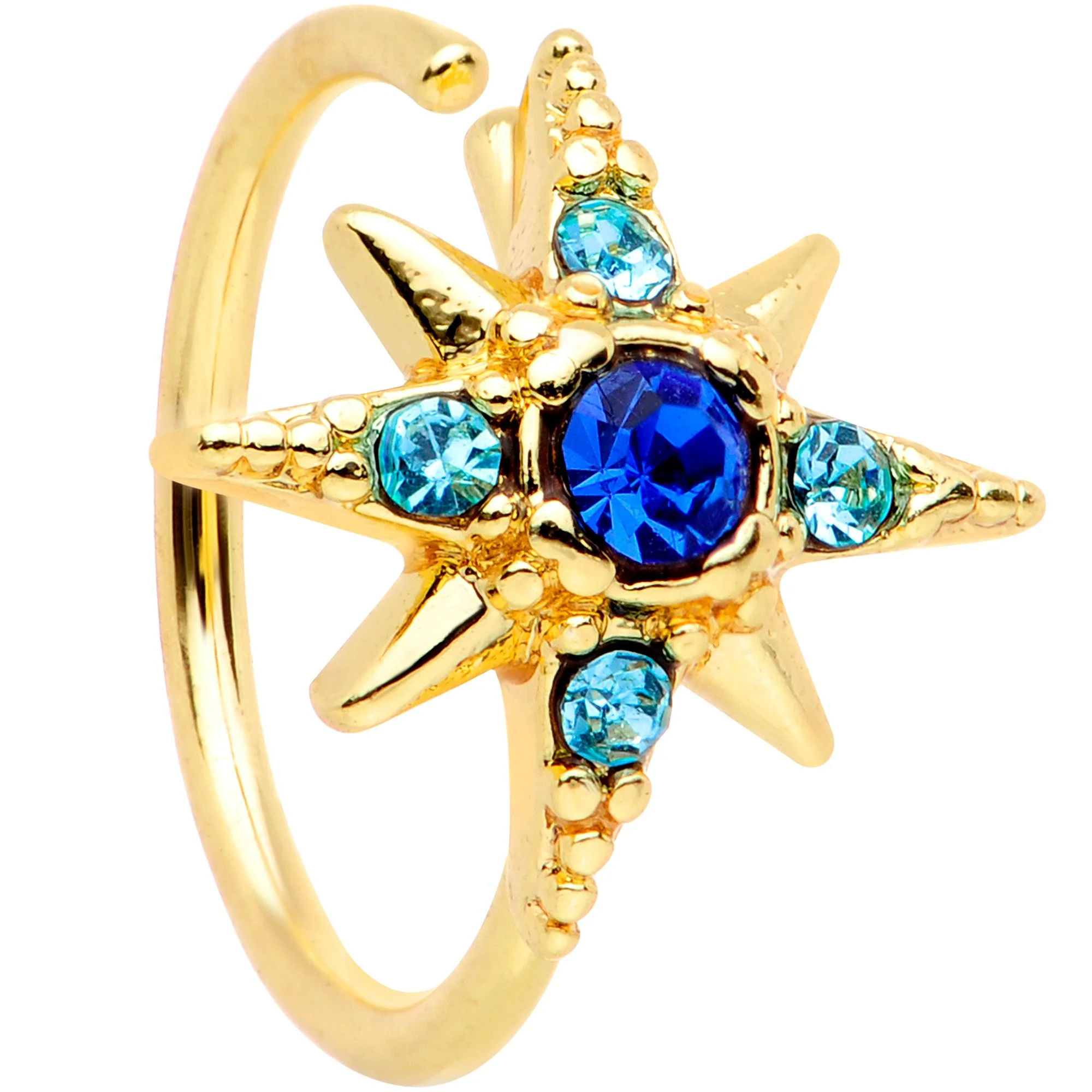 20G 5/16 Blue Gem Gold Tone Star Seamless Circular Ring - Image 2