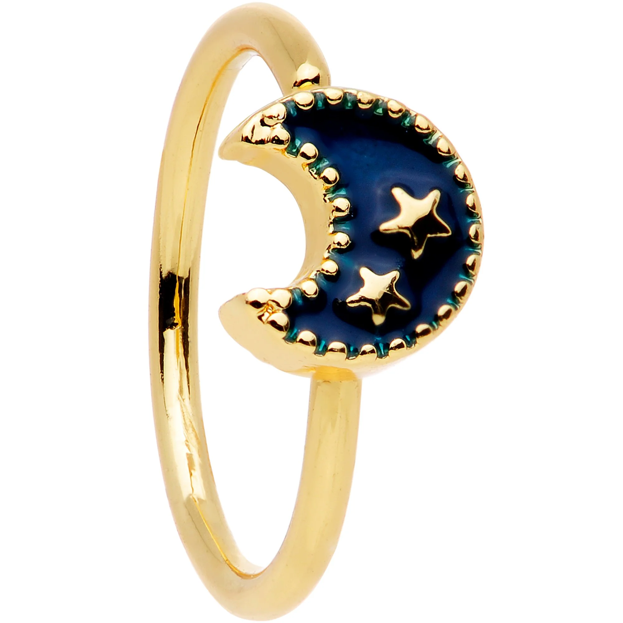 20G 5/16 Gold Tone Blue Crescent Moon and Stars Nose Hoop - Image 2