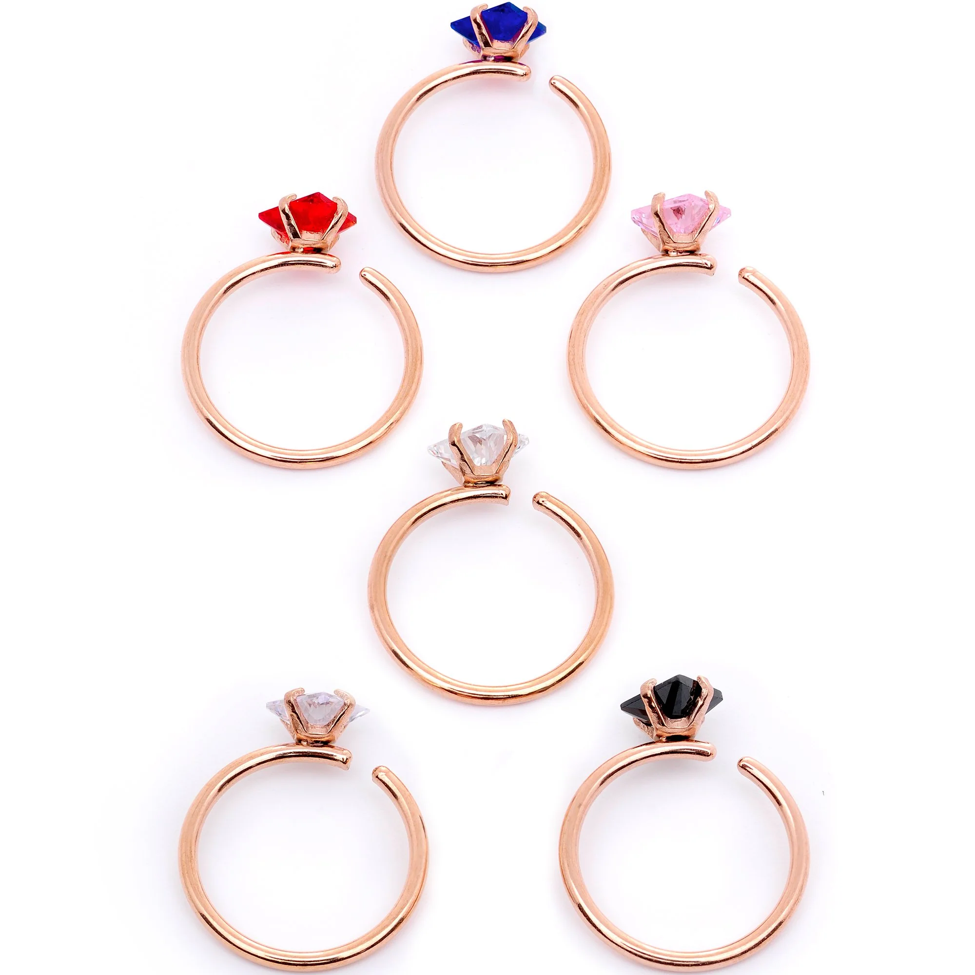 20G 5/16 Multicolor Single Gem Rose Gold Tone Nose Hoop Set of 6 - Image 2