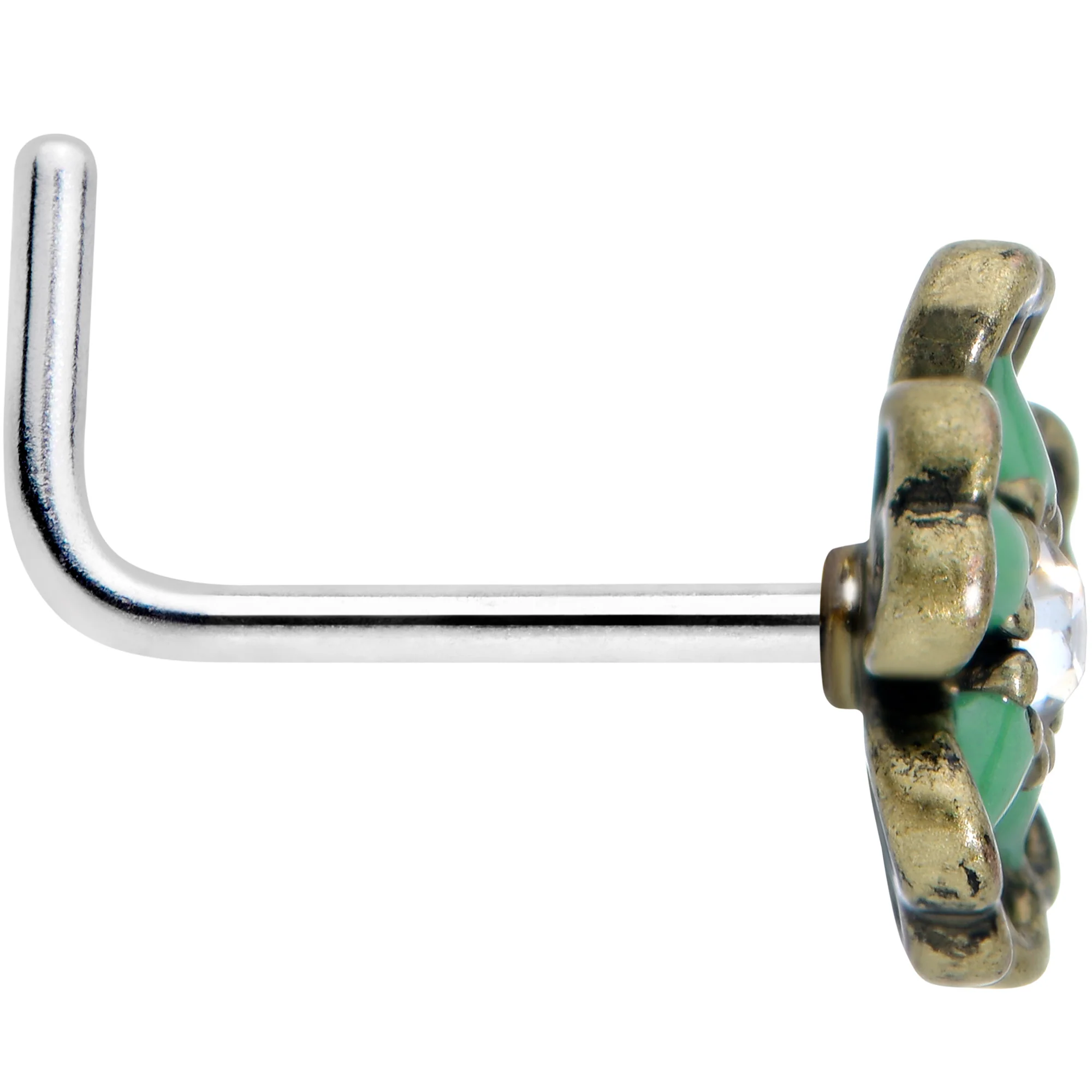 20G 7.5mm Gold Tone Green Flower St Patrick Day L Shape Nose Ring - Image 3