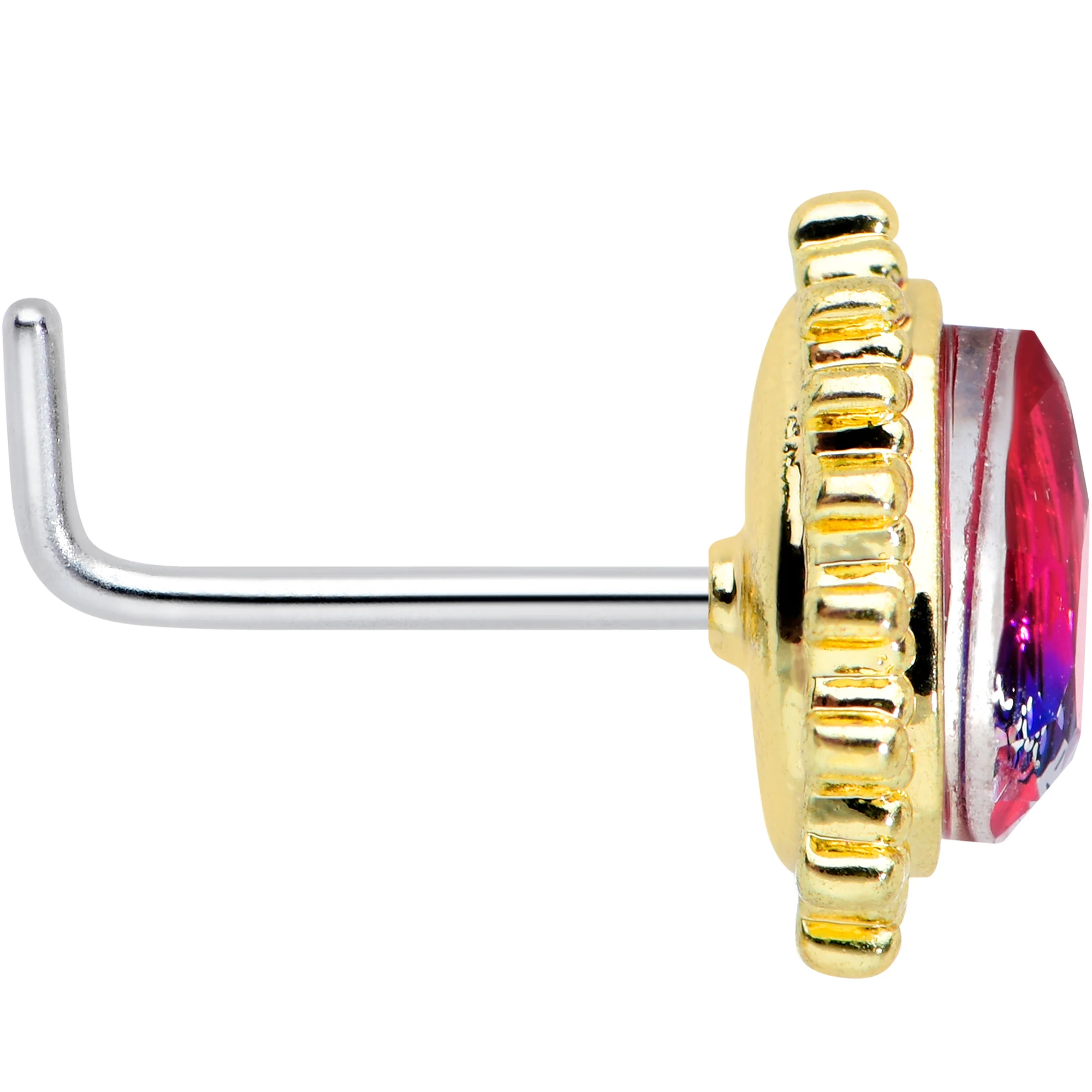 20G 7.5mm Purple Tourmaline Textured Drop L Shape Nose Ring - Image 3