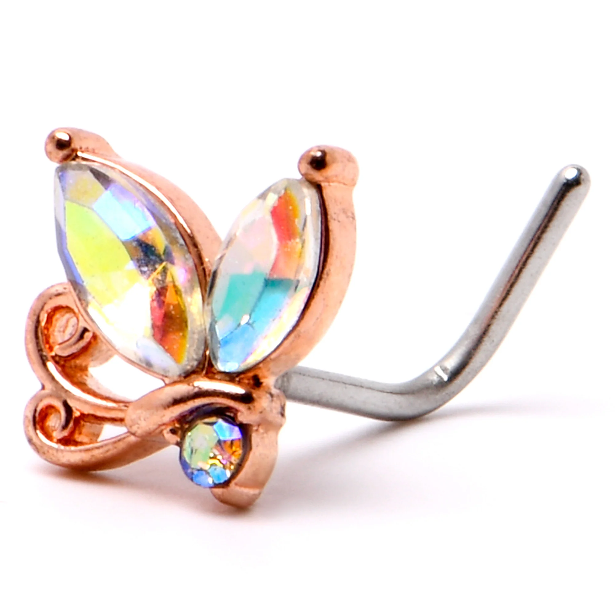 20G 7mm Aurora CZ Gem Fleur de Lis Rosy Butterfly L Shape Nose Ring - Image 6