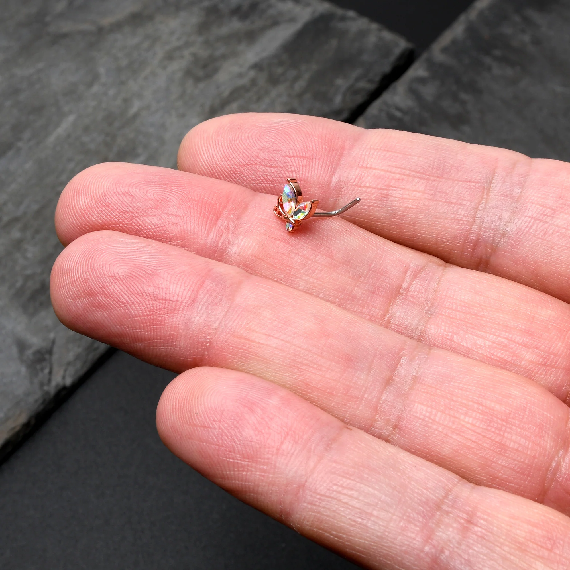 20G 7mm Aurora CZ Gem Fleur de Lis Rosy Butterfly L Shape Nose Ring - Image 7