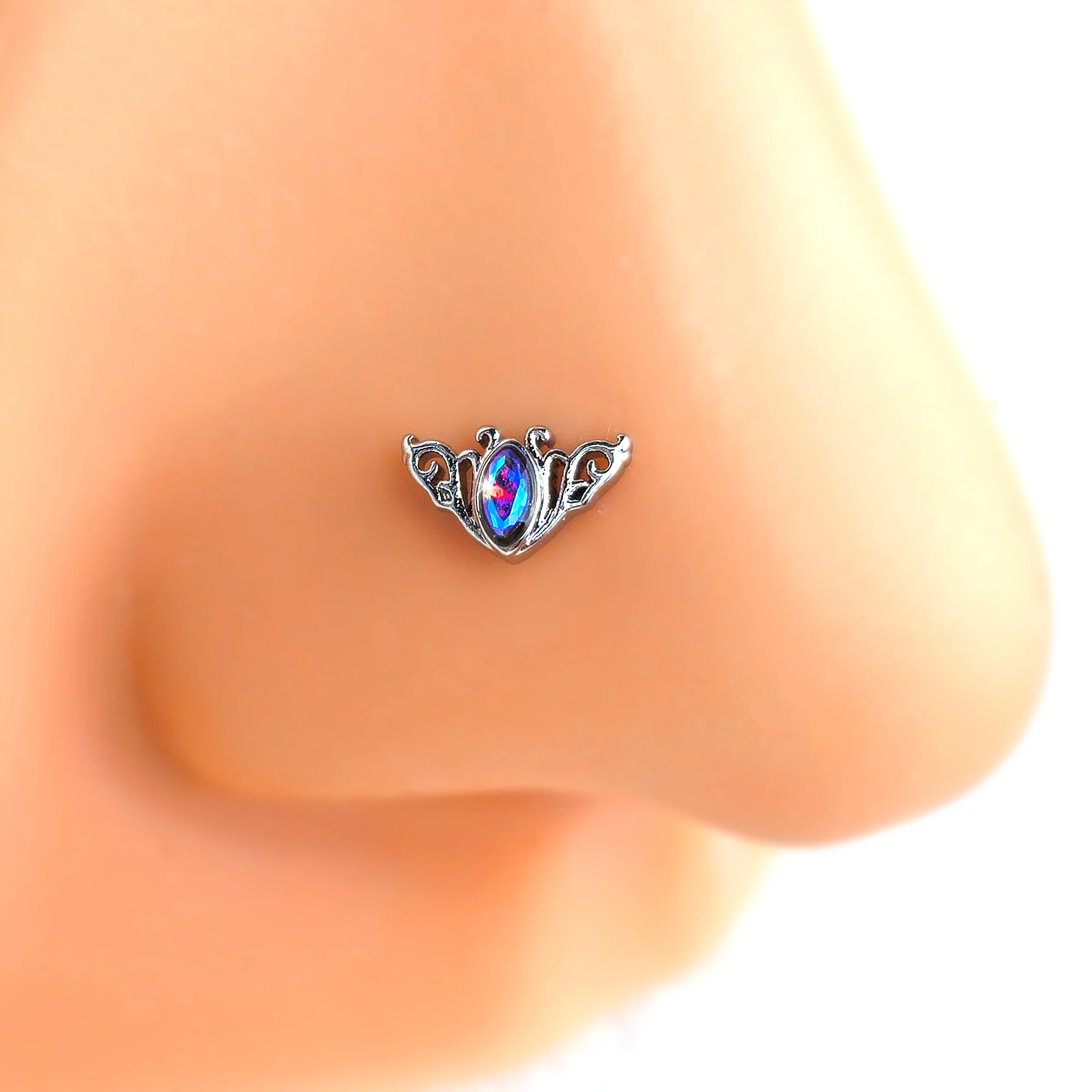 20G 7mm Aurora Gem Deco Waves L Shape Nose Ring - Image 2
