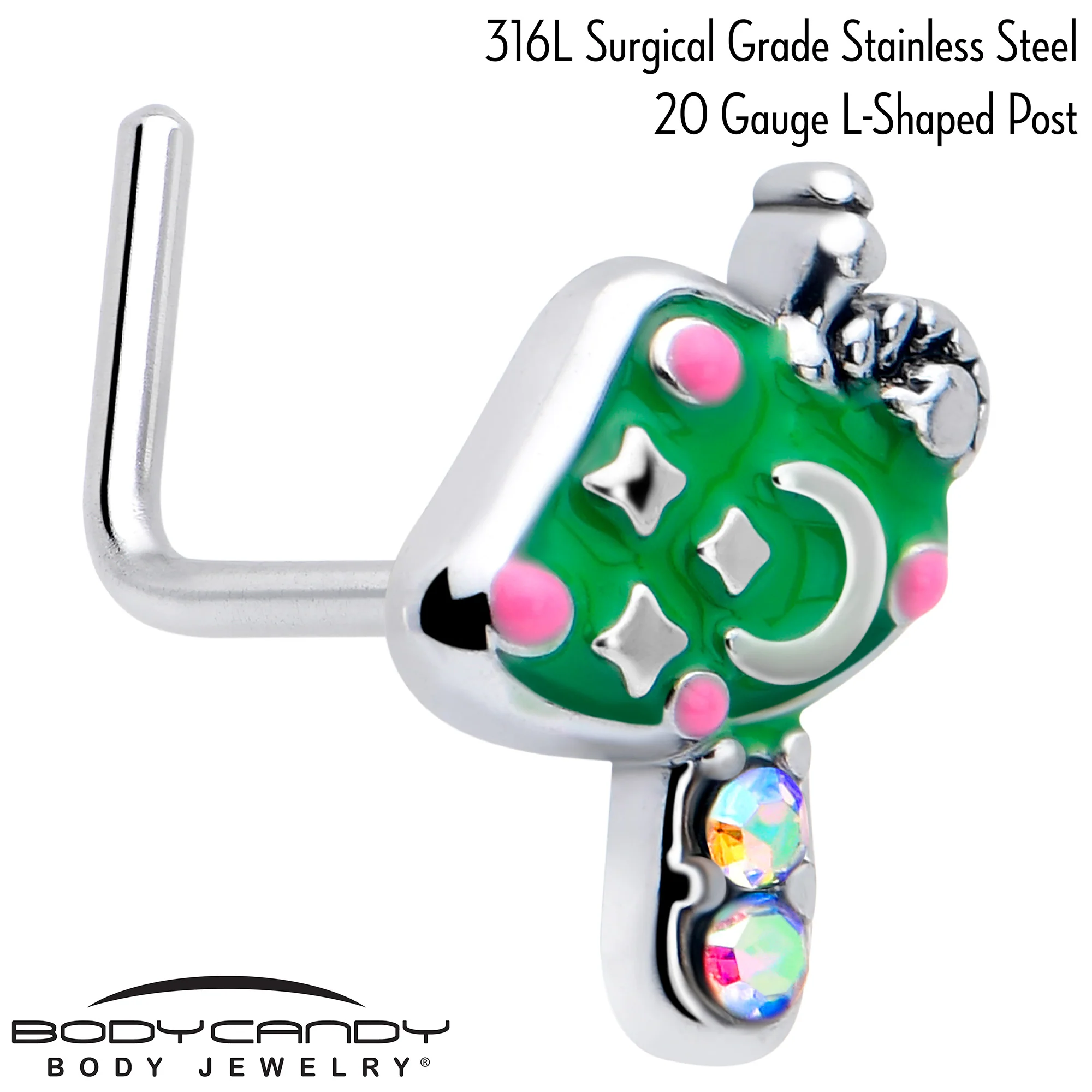 20G 7mm Aurora Gem Fanciful Green Mushroom L Shape Nose Ring - Image 2