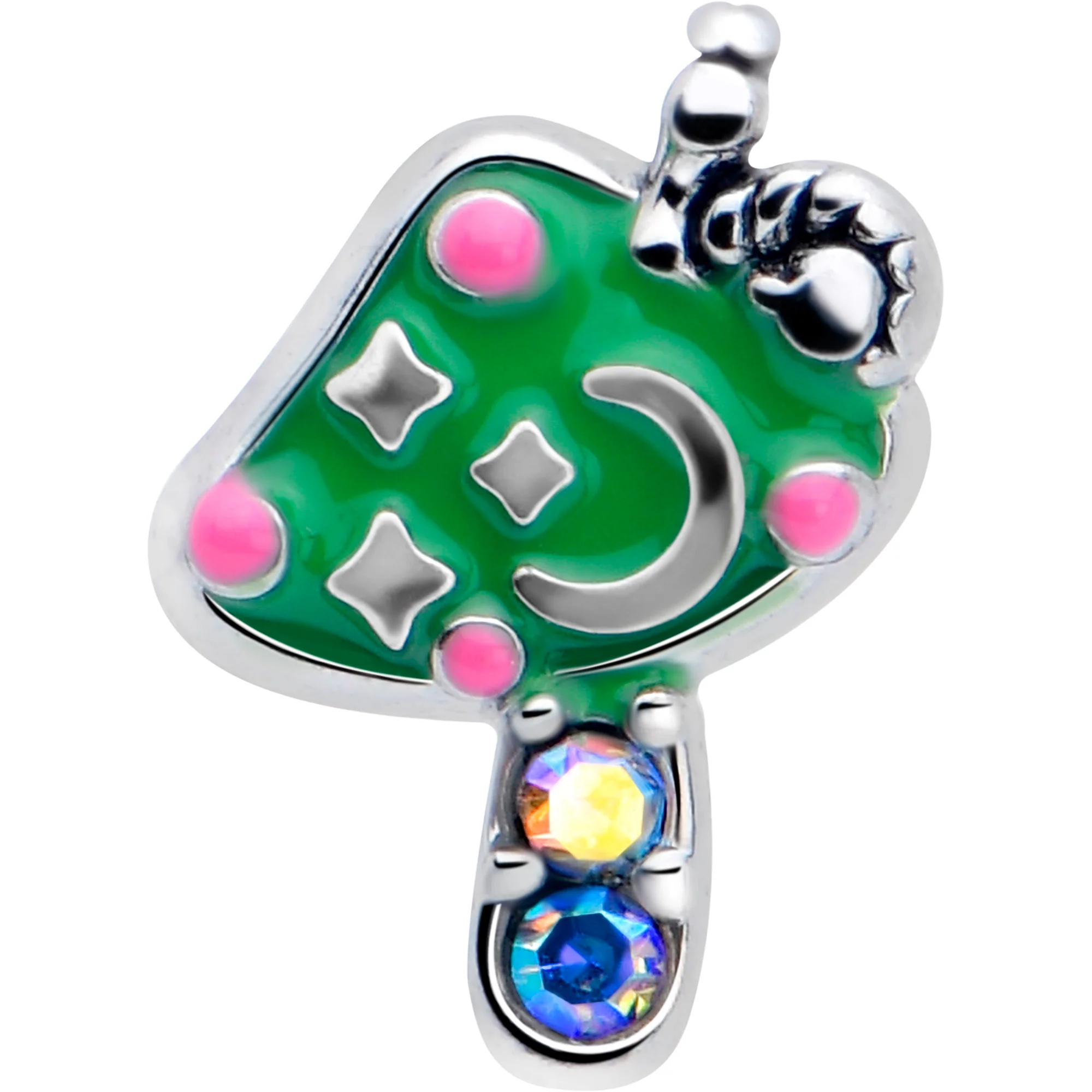 20G 7mm Aurora Gem Fanciful Green Mushroom L Shape Nose Ring - Image 3