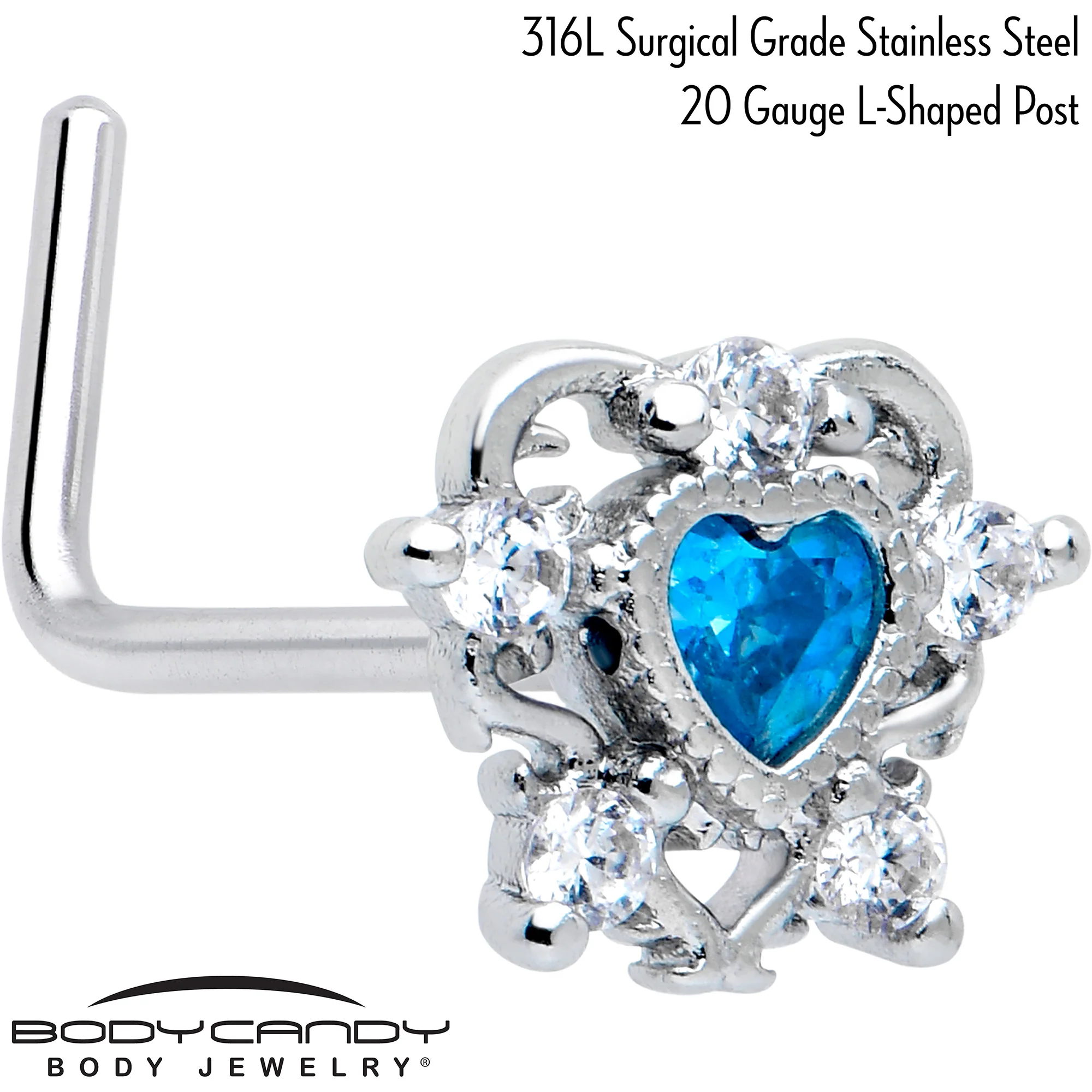 20G 7mm Blue Clear CZ Gem Heart Pair L Shape Nose Ring - Image 2
