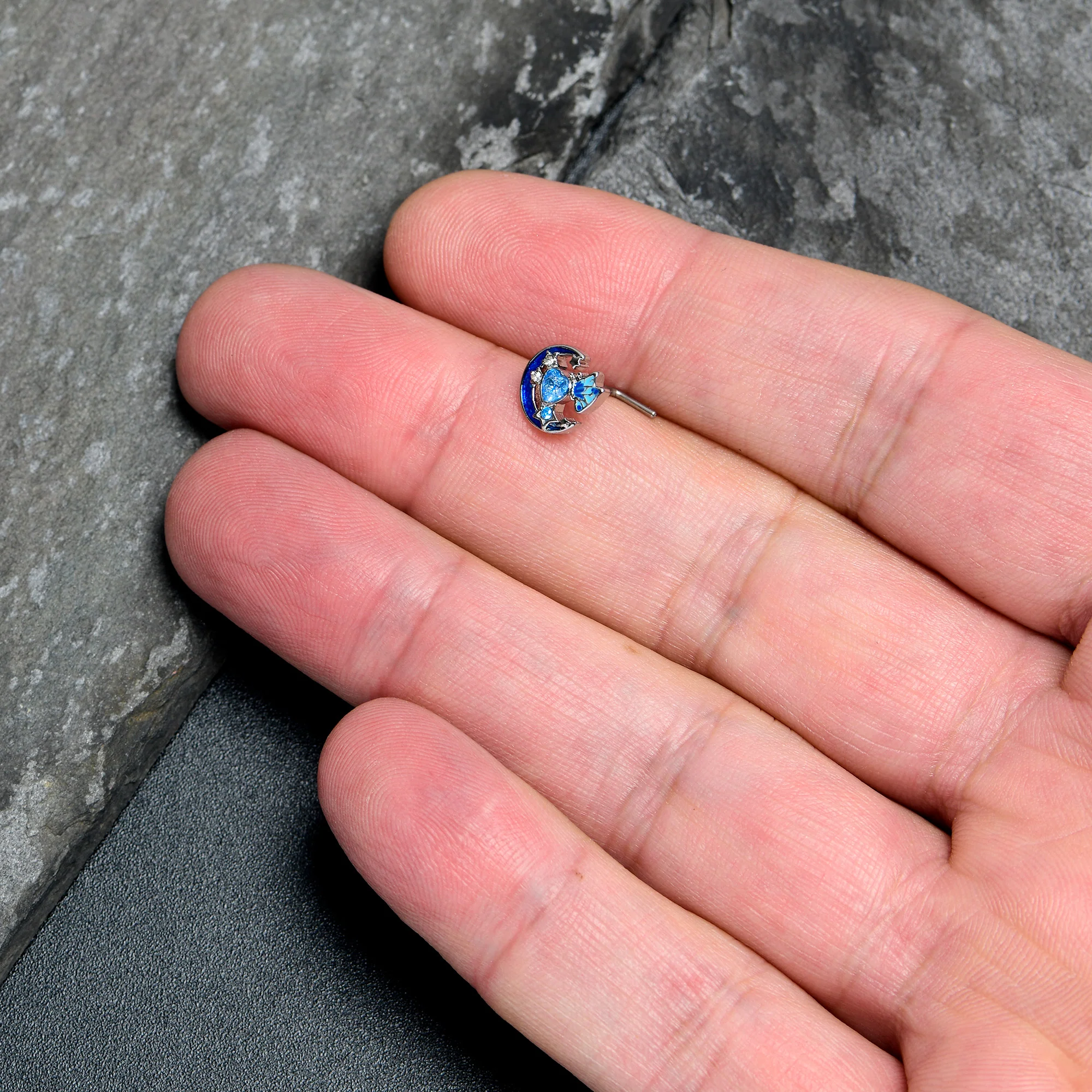 20G 7mm Blue CZ Gem Moon Butterfly Love Heart L Shape Nose Ring - Image 4