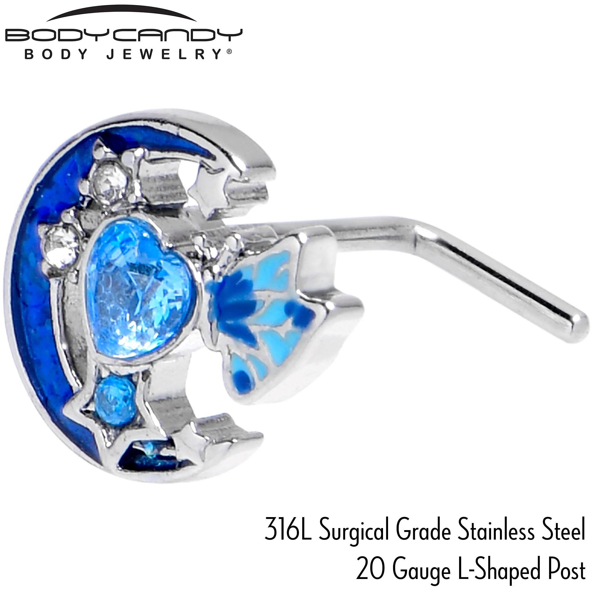 20G 7mm Blue CZ Gem Moon Butterfly Love Heart L Shape Nose Ring - Image 5