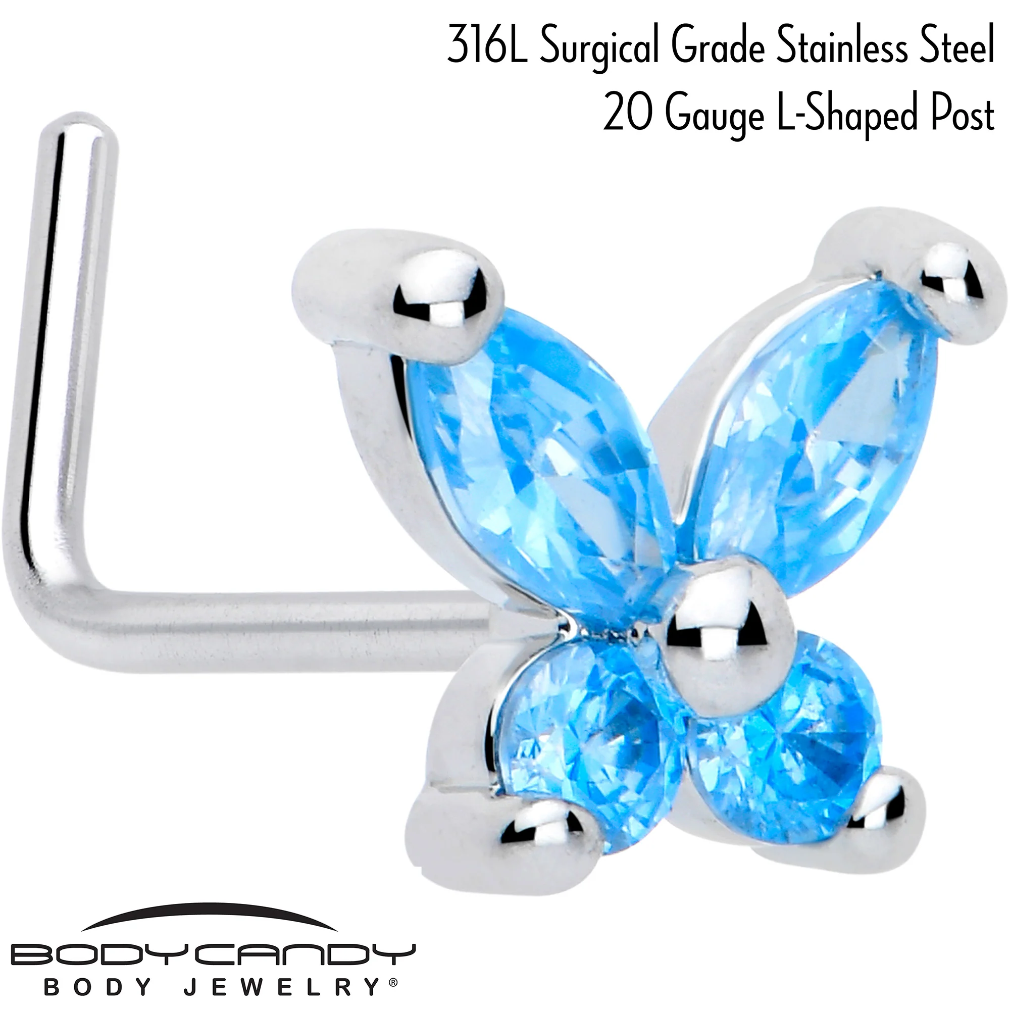 20G 7mm Blue CZ Gem Open Wing Butterfly L Shape Nose Ring - Image 2