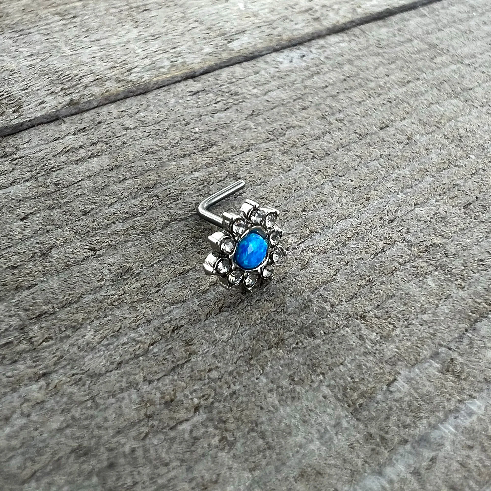 20G 7mm Blue Faux Opal Heart Sun L Shape Nose Ring - Image 5