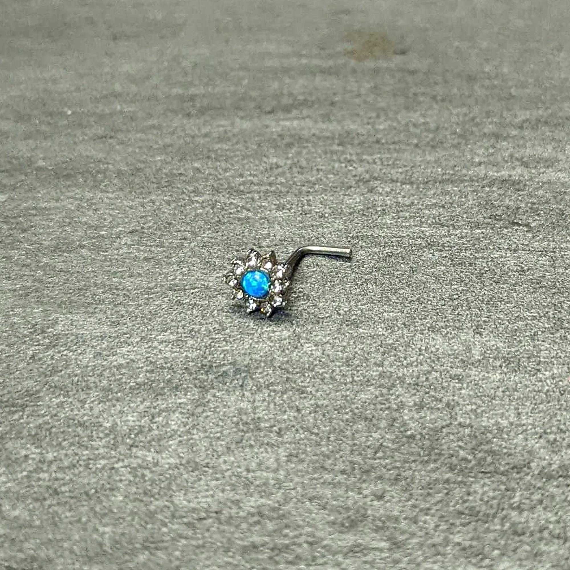 20G 7mm Blue Faux Opal Heart Sun L Shape Nose Ring - Image 6