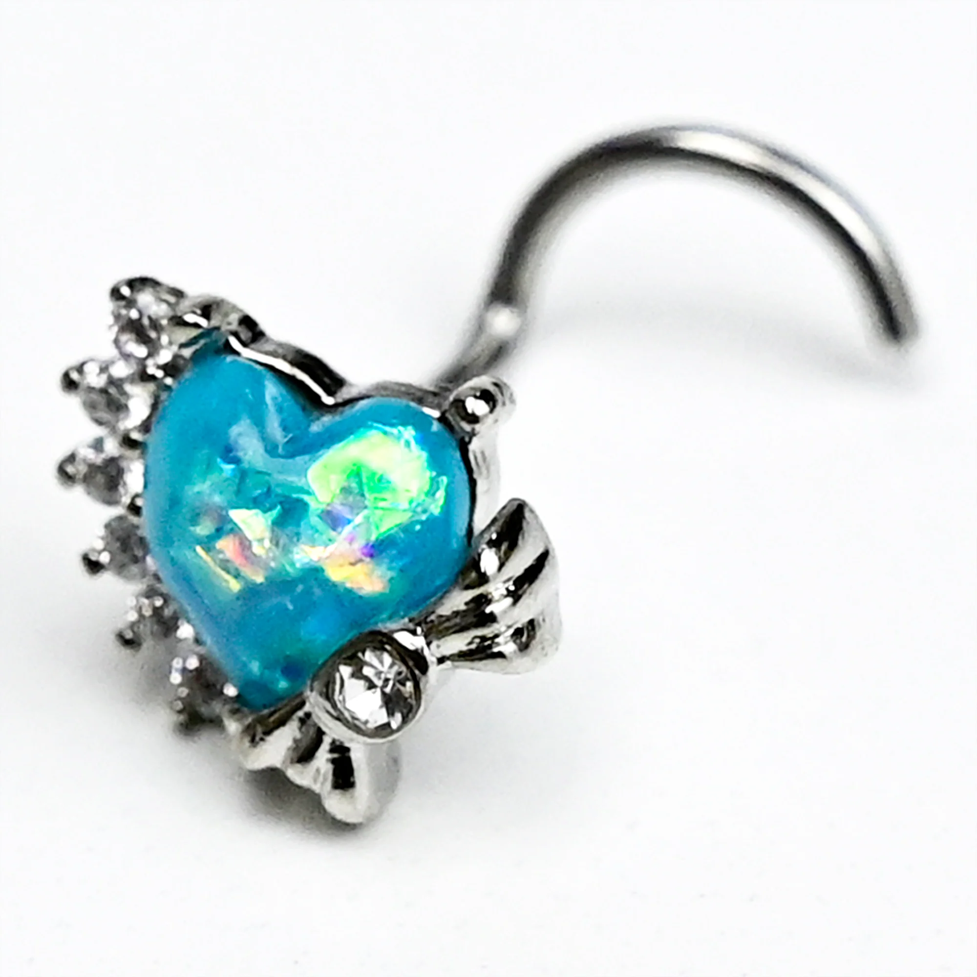 20G 7mm Blue Faux Opal Sunny Heart Left Side Nose Screw