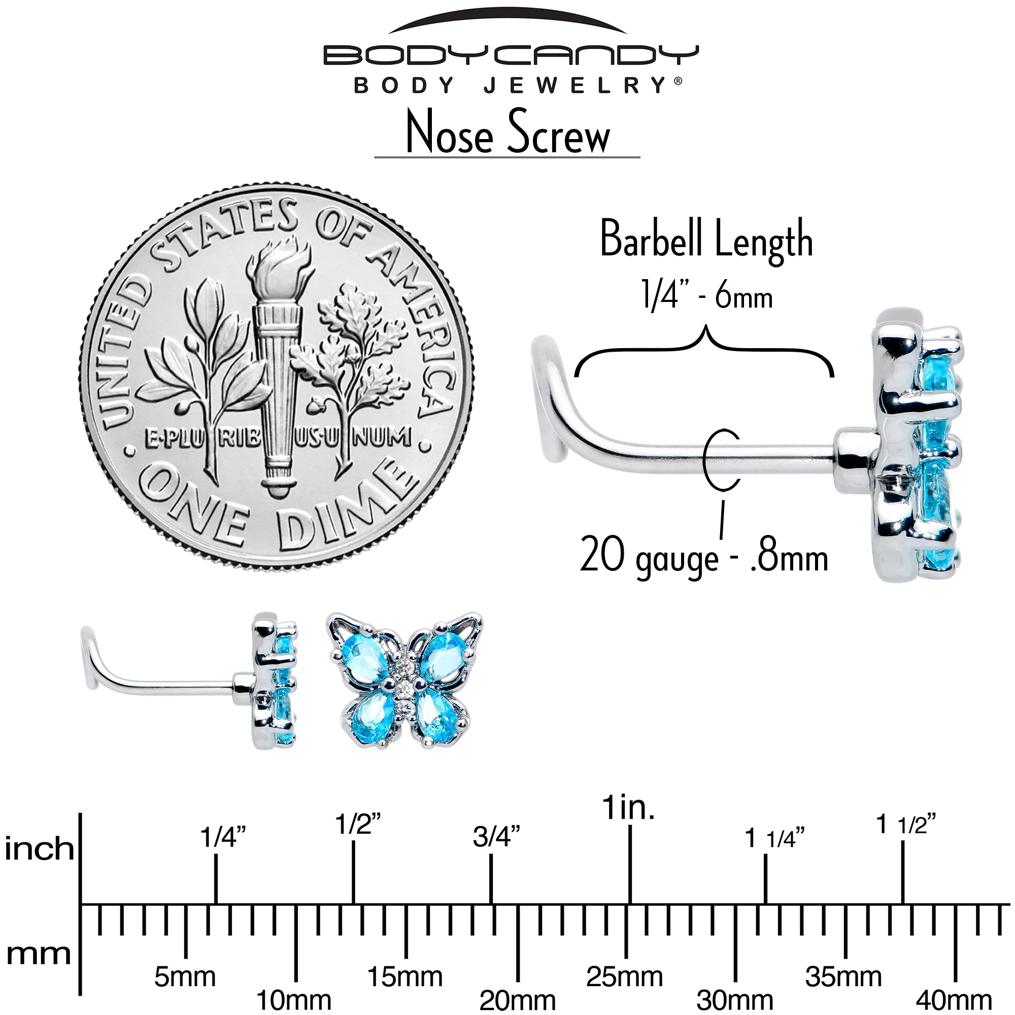 20G 7mm Blue Gem Baroque Beauty Butterfly Left Side Nose Screw - Image 6