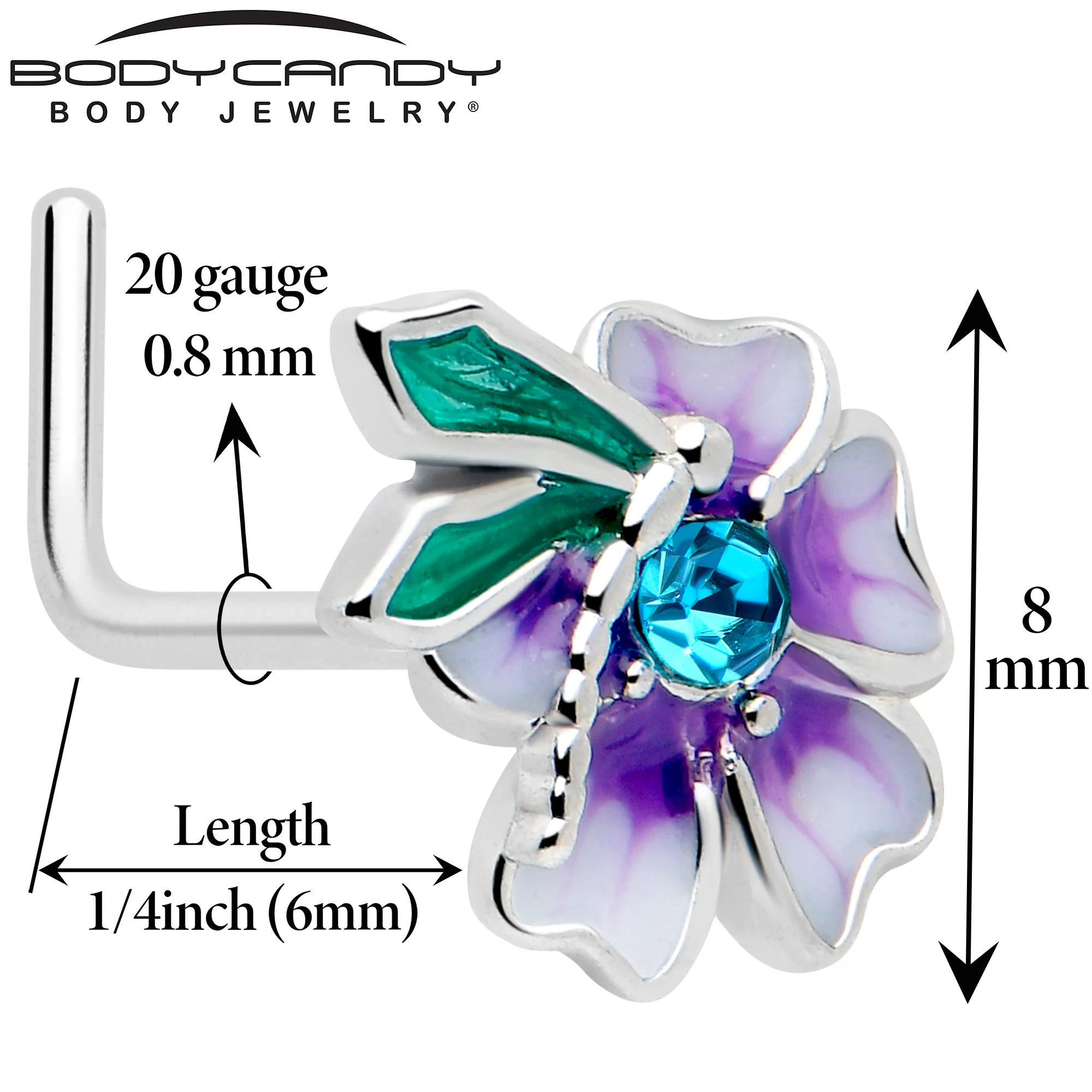 20G 7mm Blue Gem Faerie Flower Purple L Shape Nose Ring - Image 2