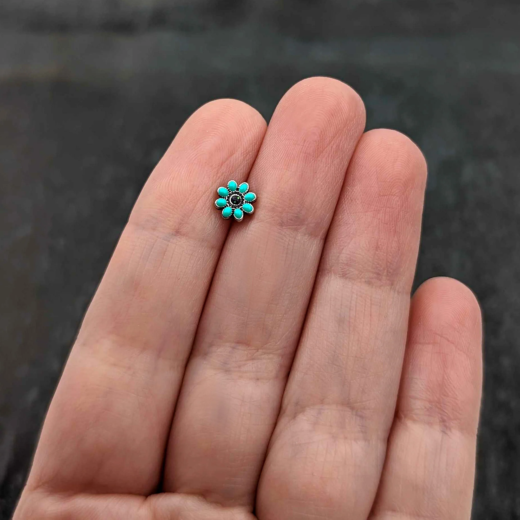 20G 7mm Blue Gem Flower Teal Petals L Shape Nose Ring - Image 8