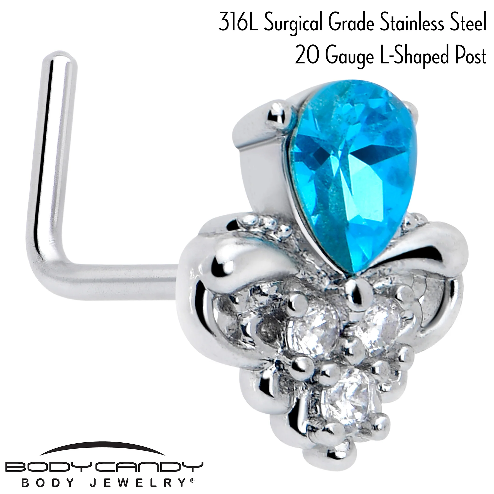 20G 7mm Blue Gem Style Simplicity L Shape Nose Ring - Image 2
