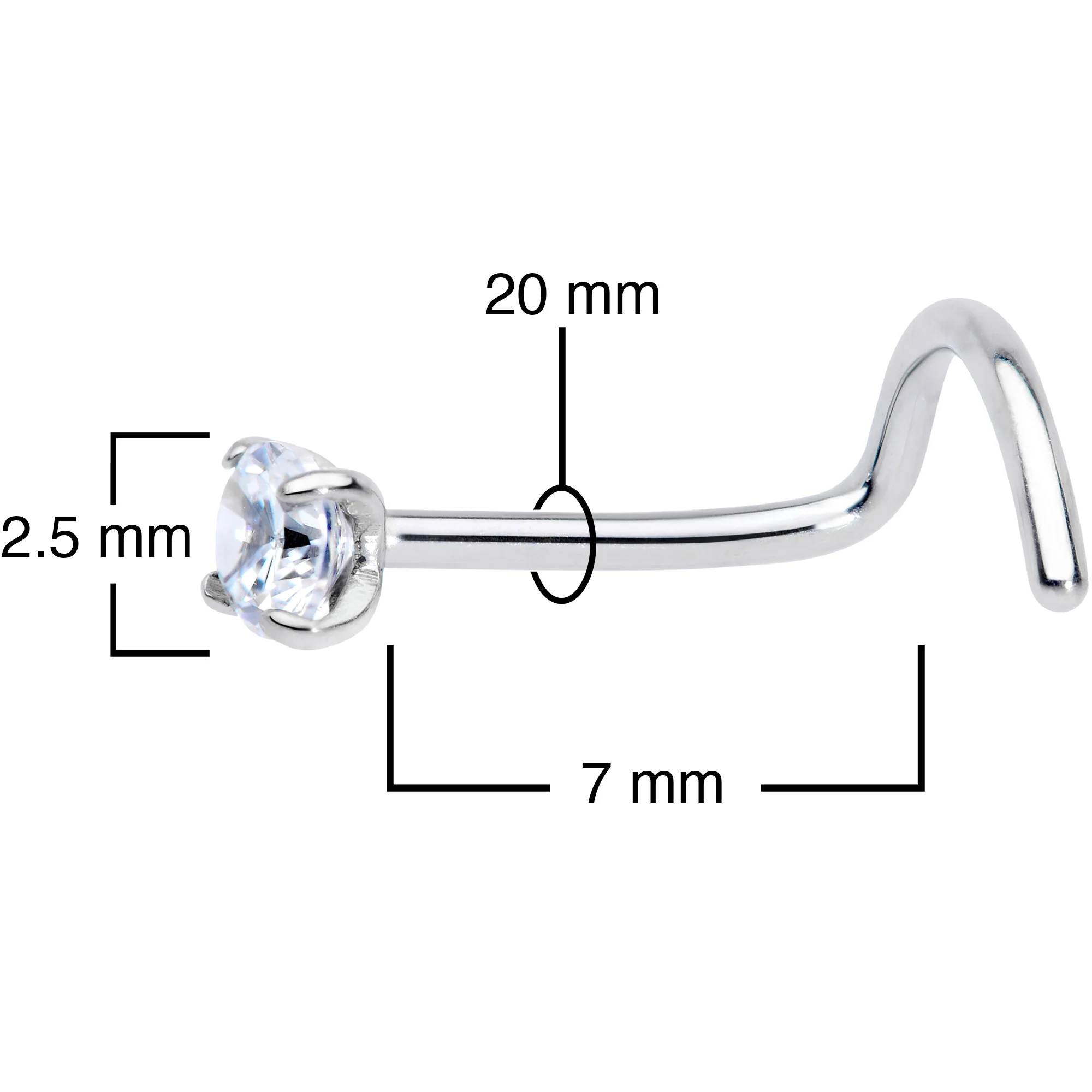 20G 7mm Clear 2.5mm CZ Gem Grade 23 Titanium Left Side Nose Screw - Image 4