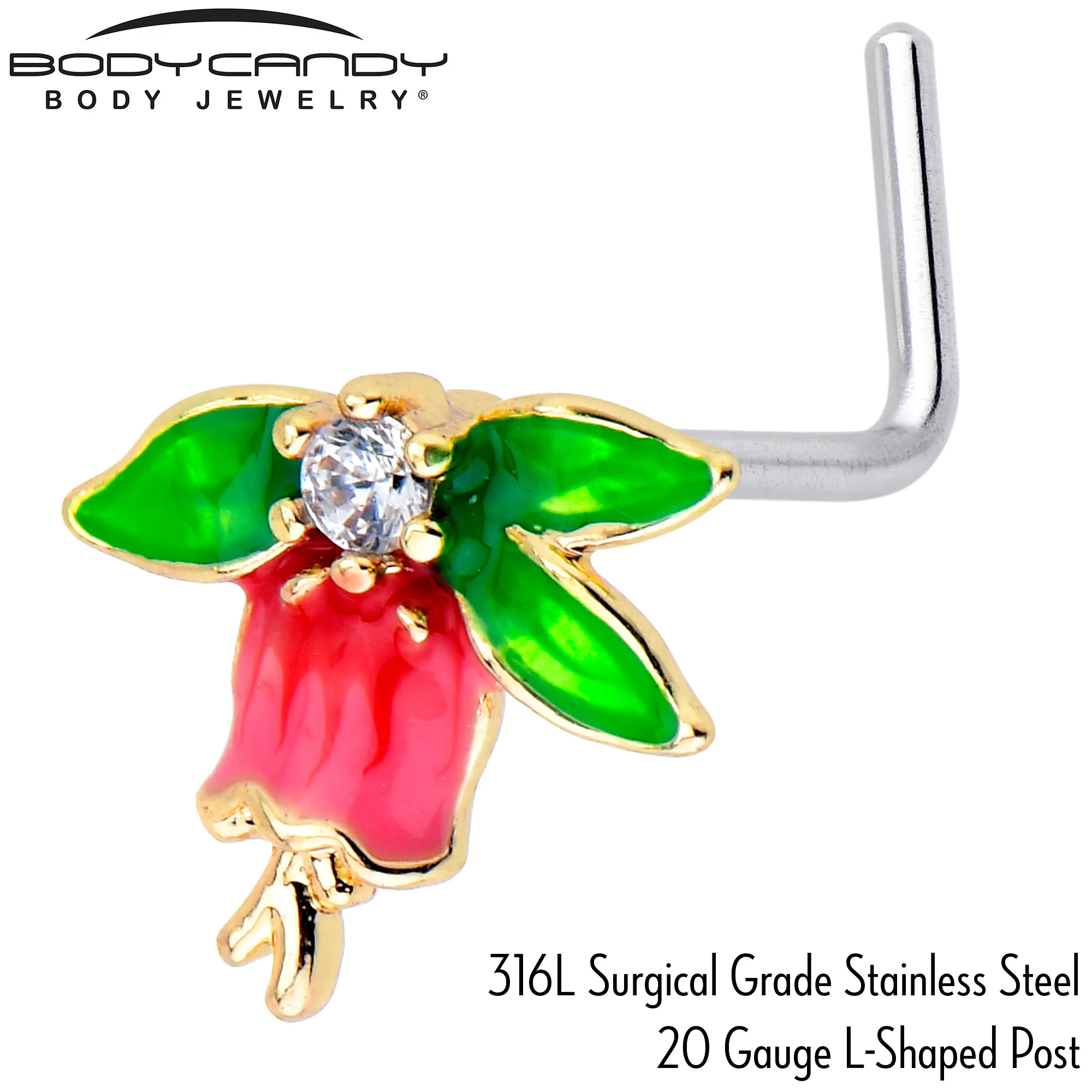 20G 7mm Clear CZ Gem Bell Flower L Shape Nose Ring - Image 4