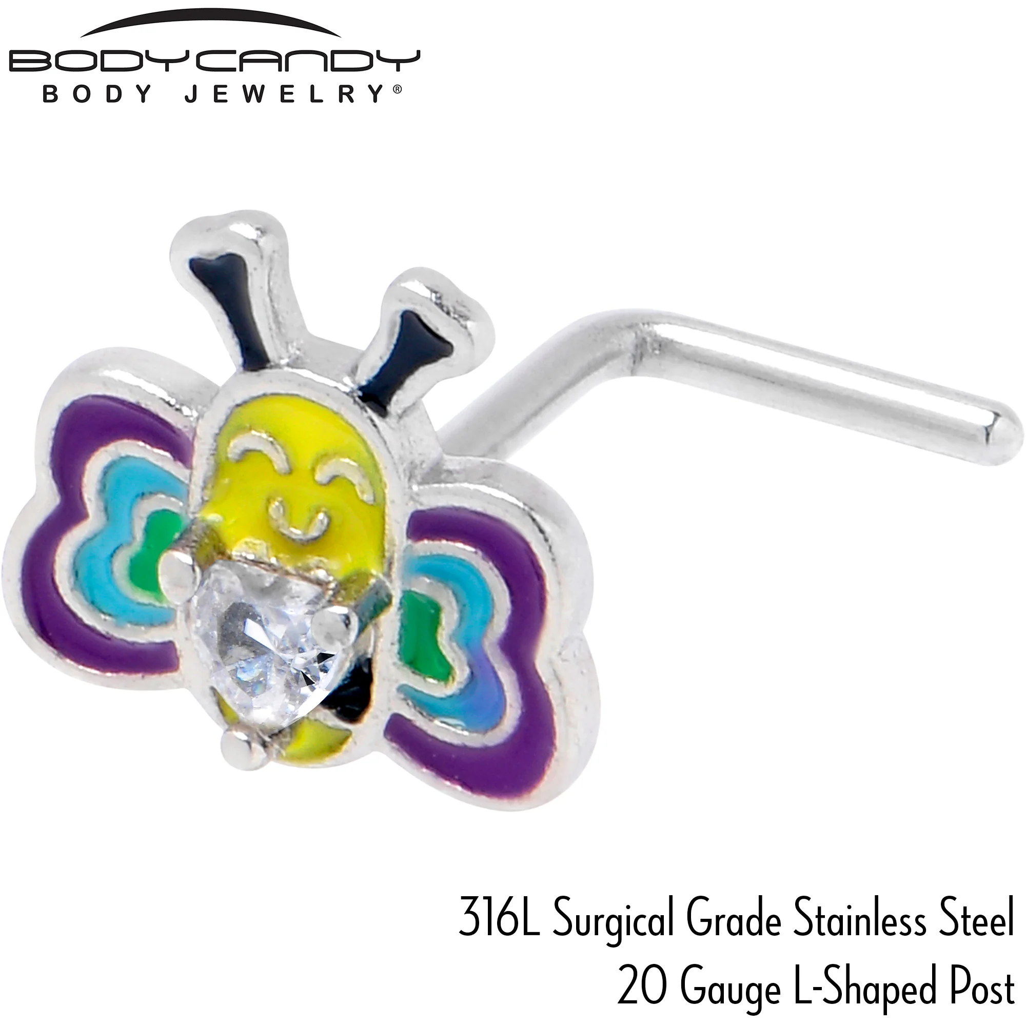 20G 7mm Clear CZ Gem Butterfly Love Bug L Shape Nose Ring - Image 5