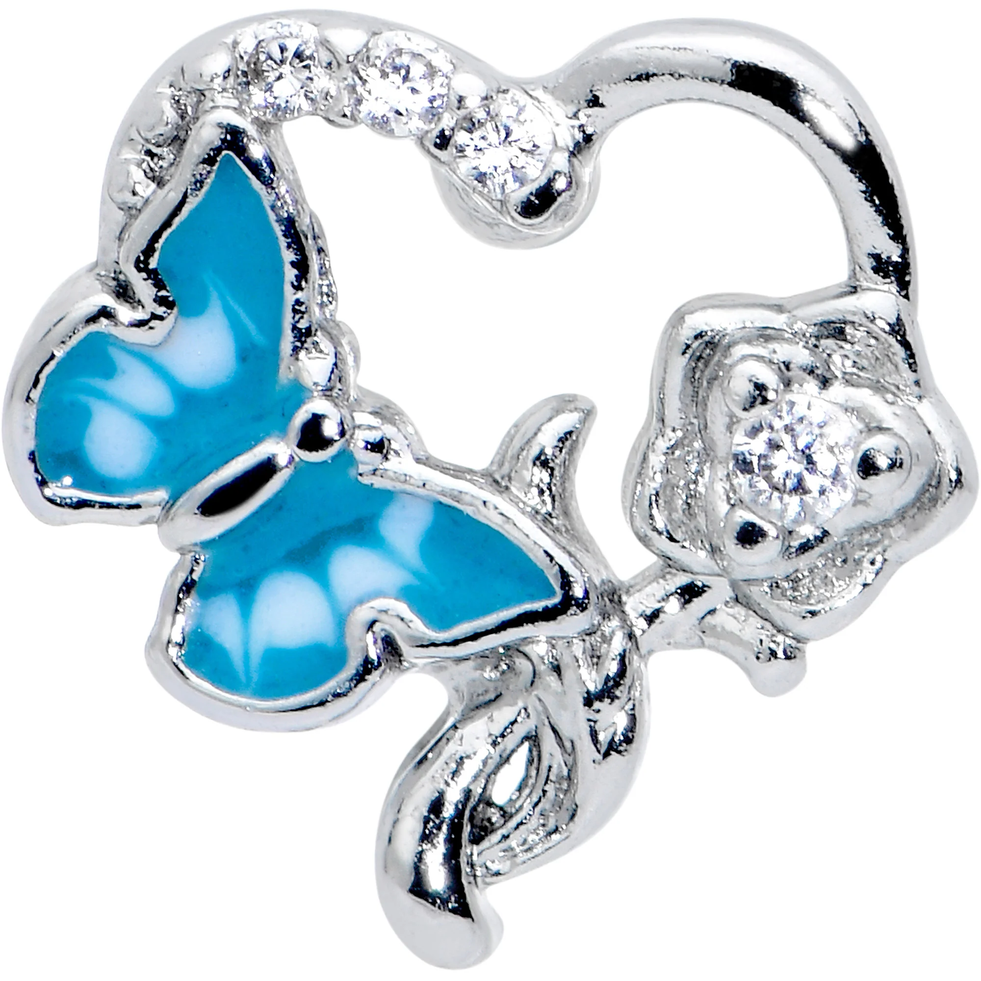 20G 7mm Clear CZ Gem Butterfly Rose Flower Blue L Shape Nose Ring - Image 2