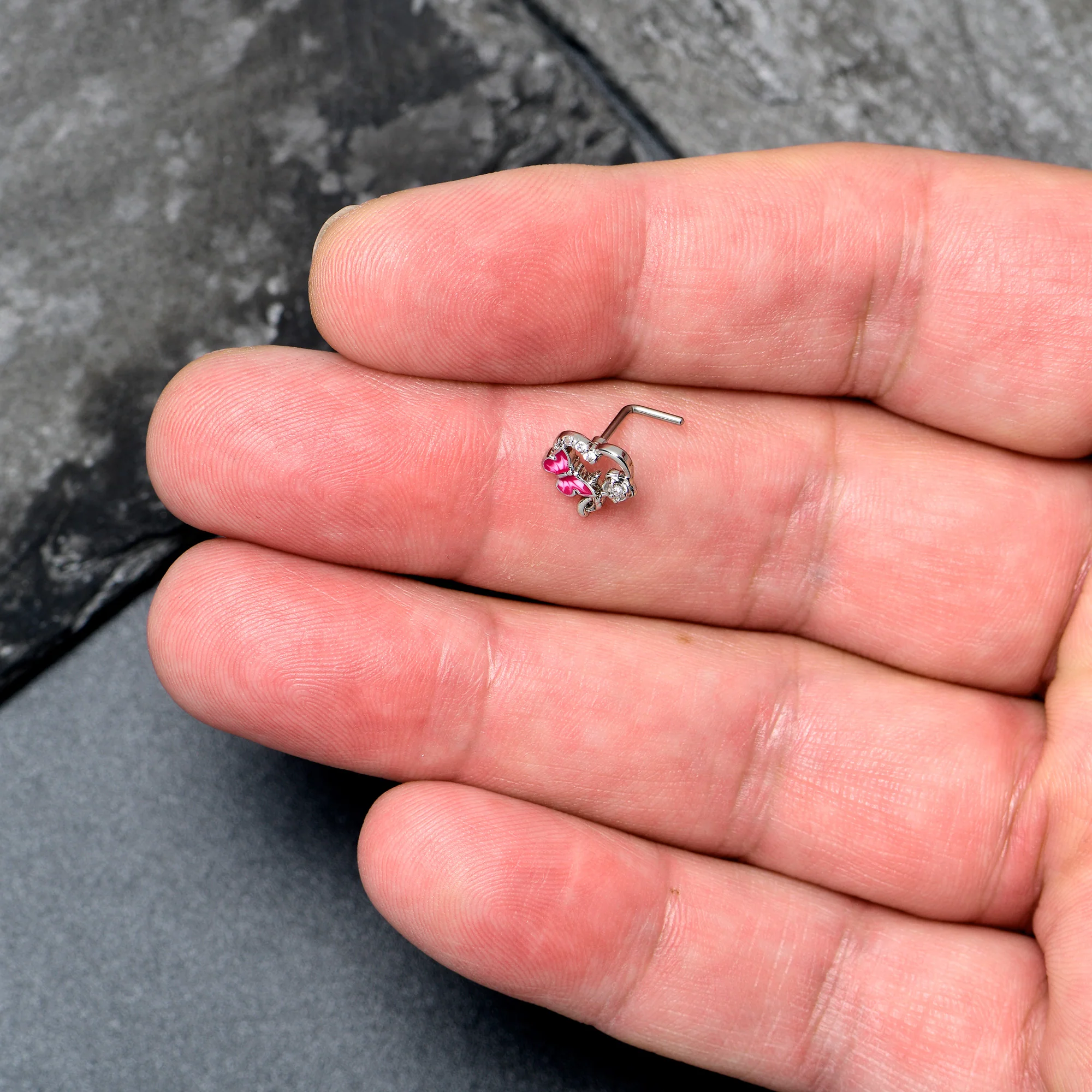 20G 7mm Clear CZ Gem Butterfly Rose Flower Pink L Shape Nose Ring - Image 4