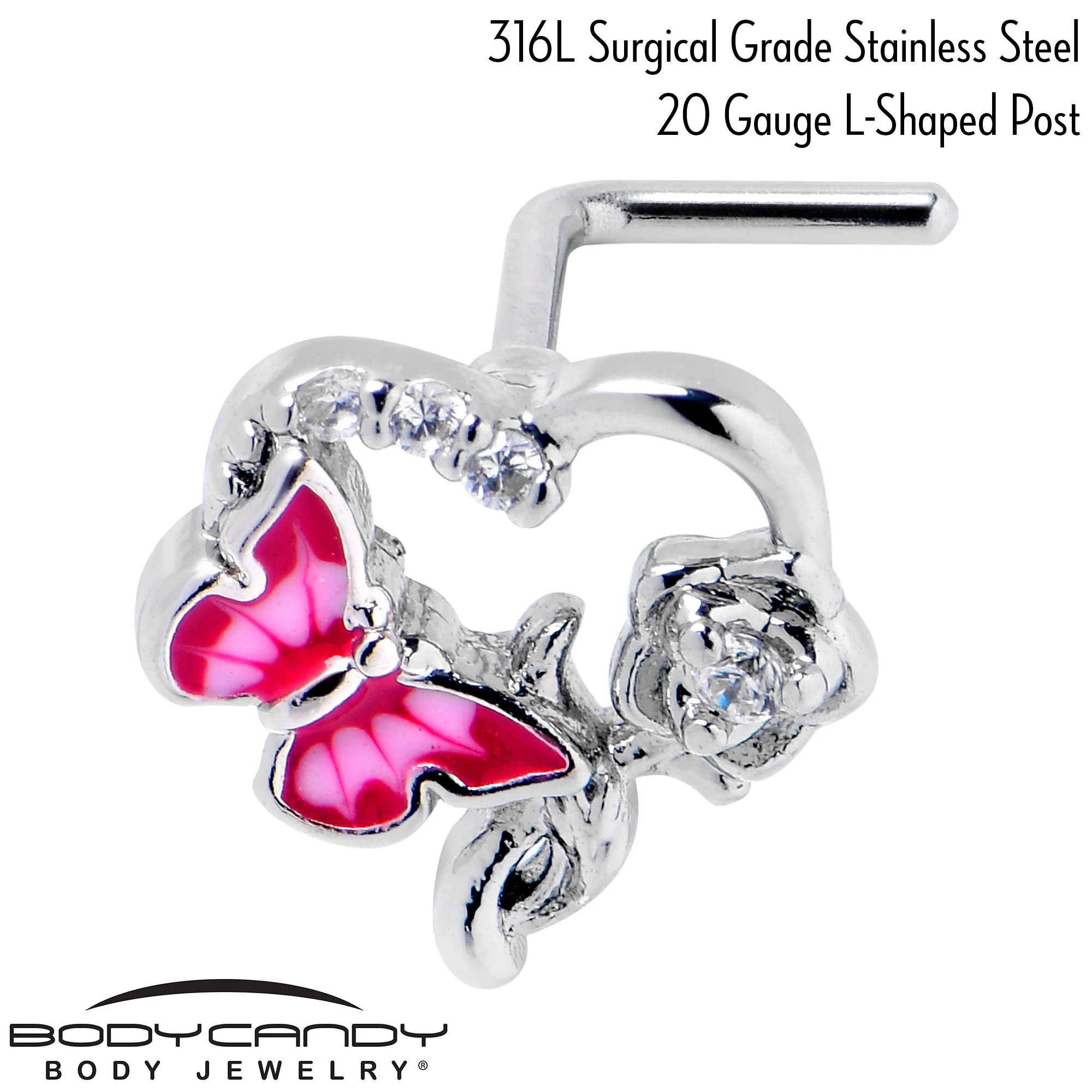20G 7mm Clear CZ Gem Butterfly Rose Flower Pink L Shape Nose Ring - Image 5