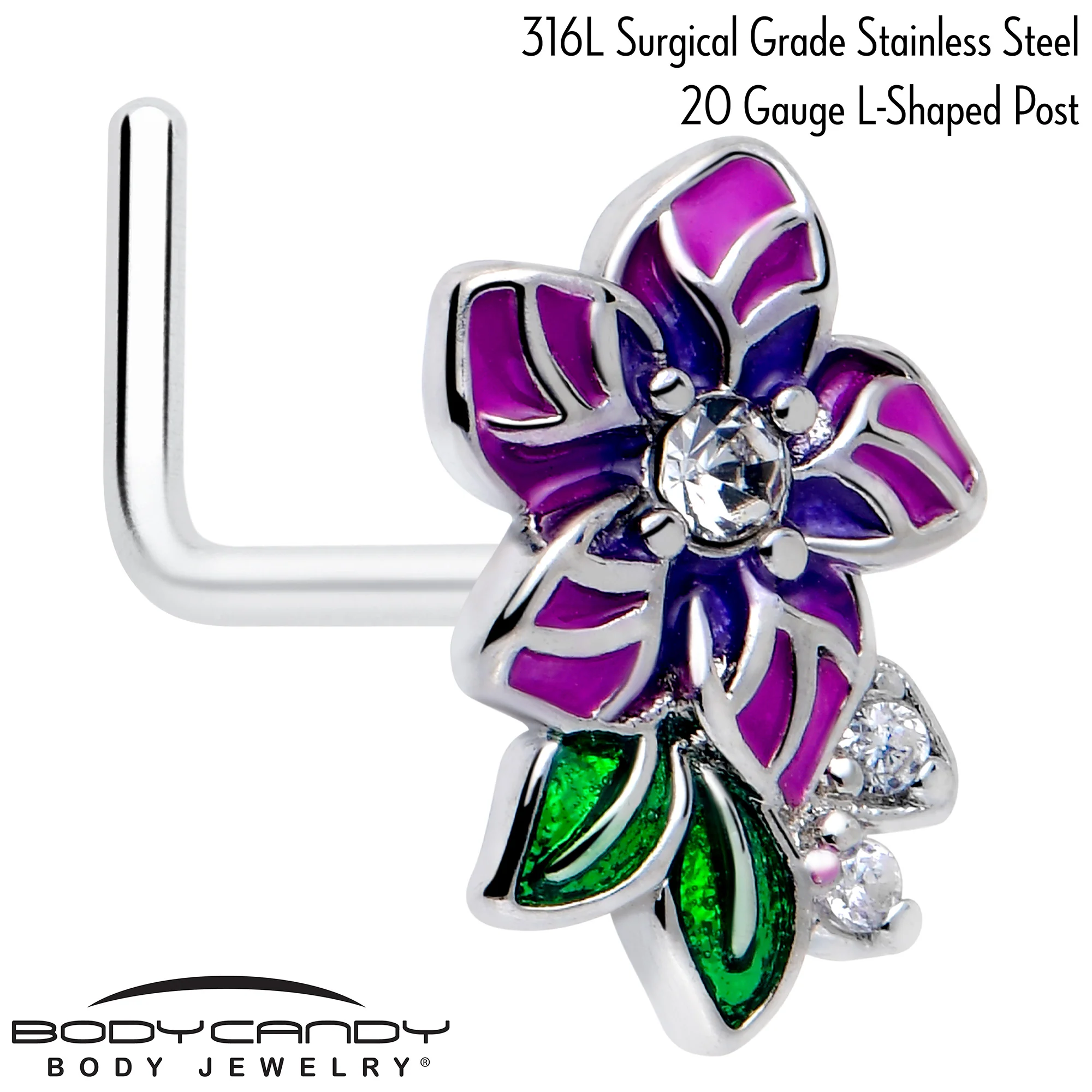 20G 7mm Clear CZ Gem Flower Purple L Shape Nose Ring - Image 2