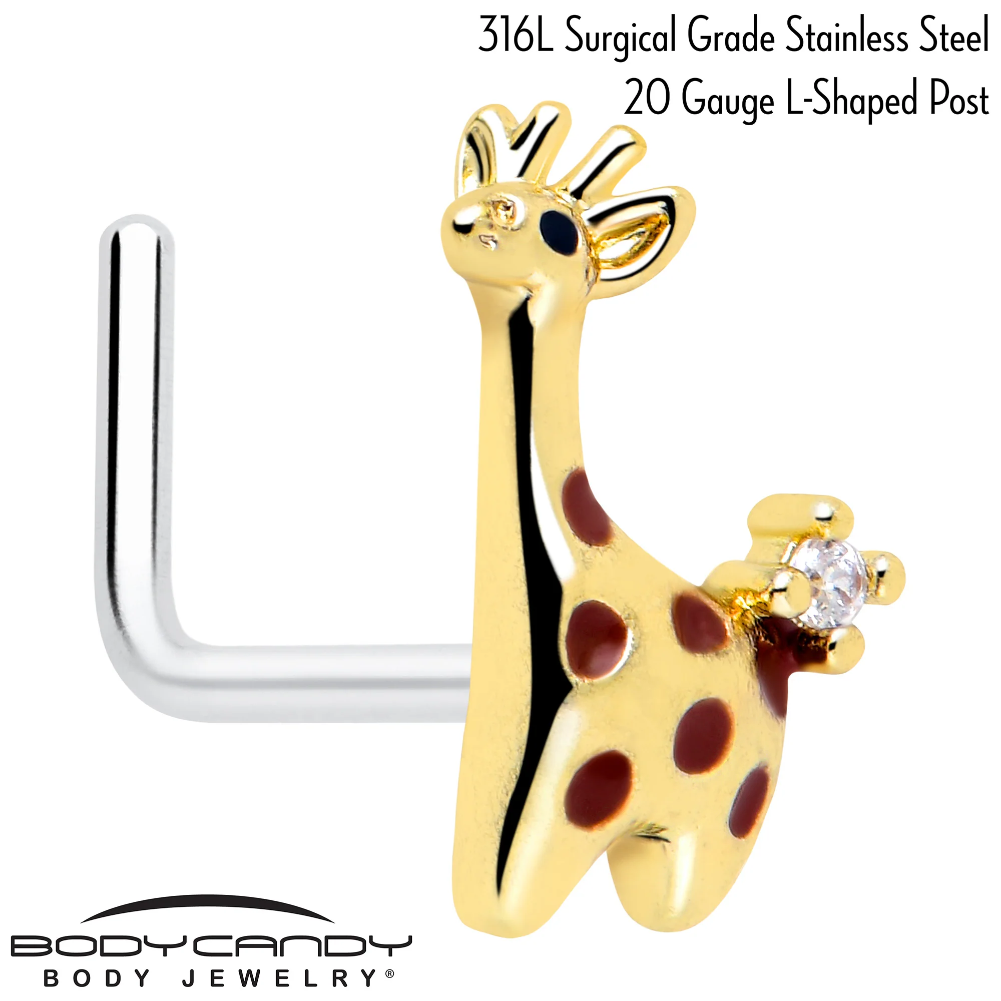 20G 7mm Clear CZ Gem Golden Giraffe L Shape Nose Ring - Image 2