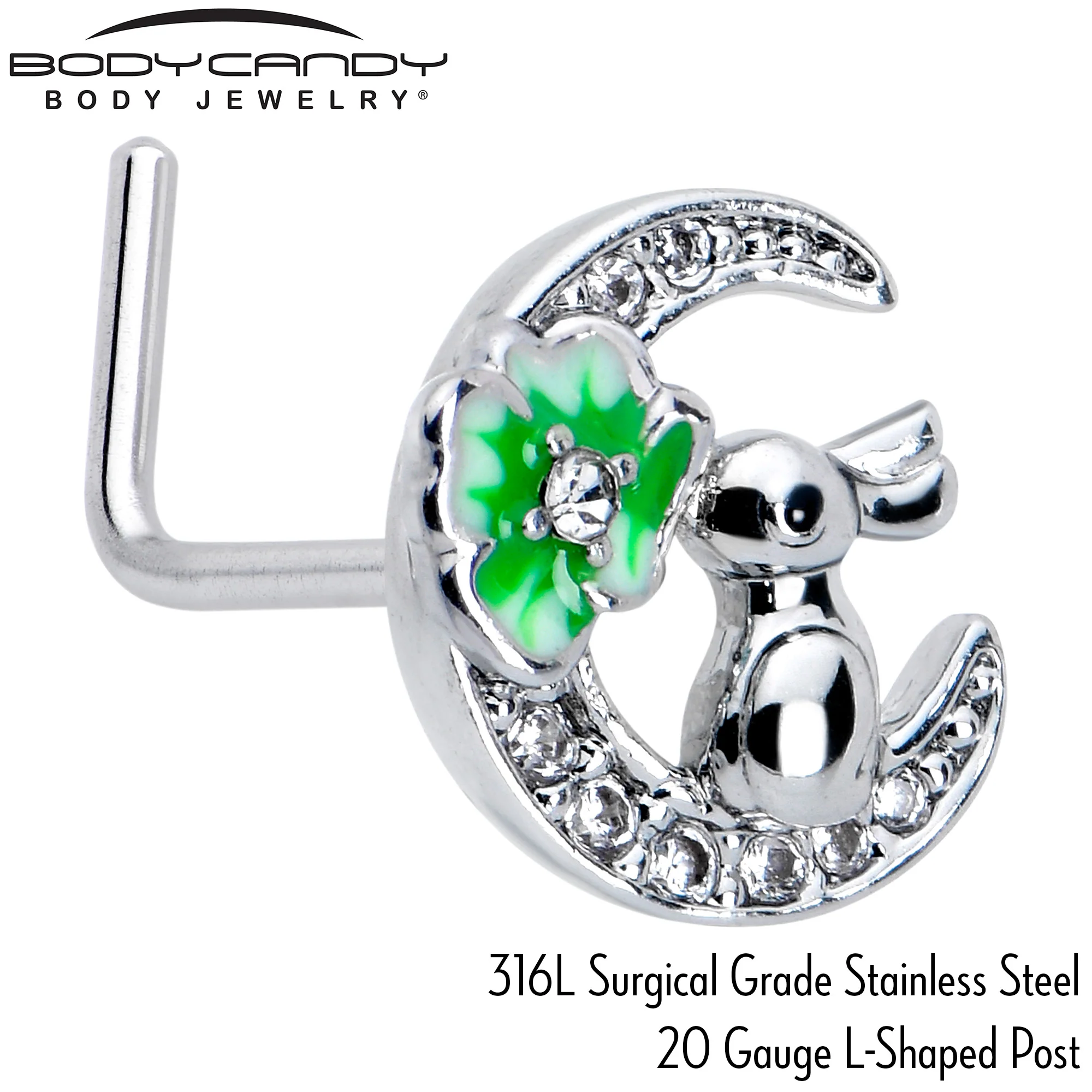 20G 7mm Clear CZ Gem Rabbit On The Moon Green L Shape Nose Ring - Image 4
